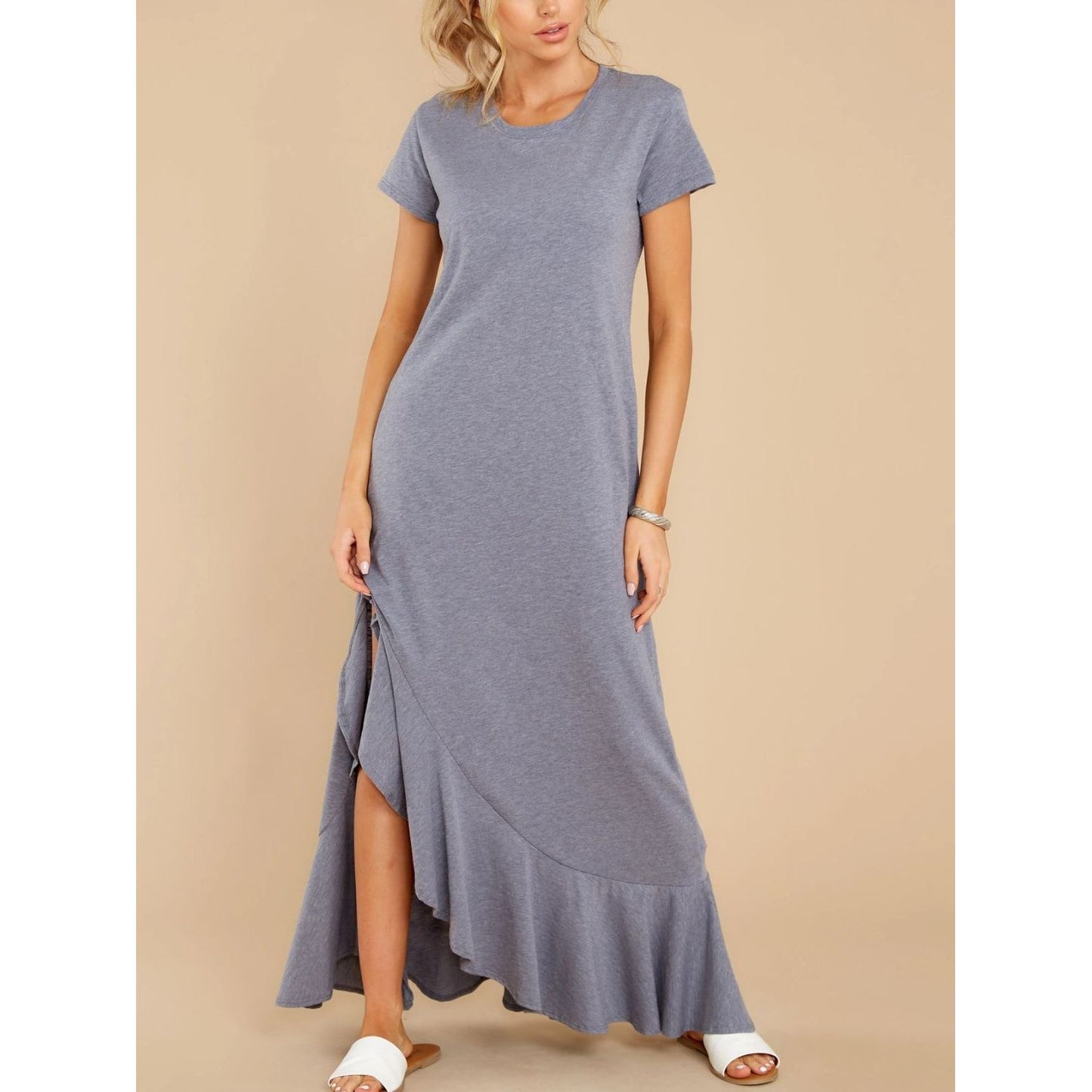 Slit Round Neck Short Sleeve Maxi Dress