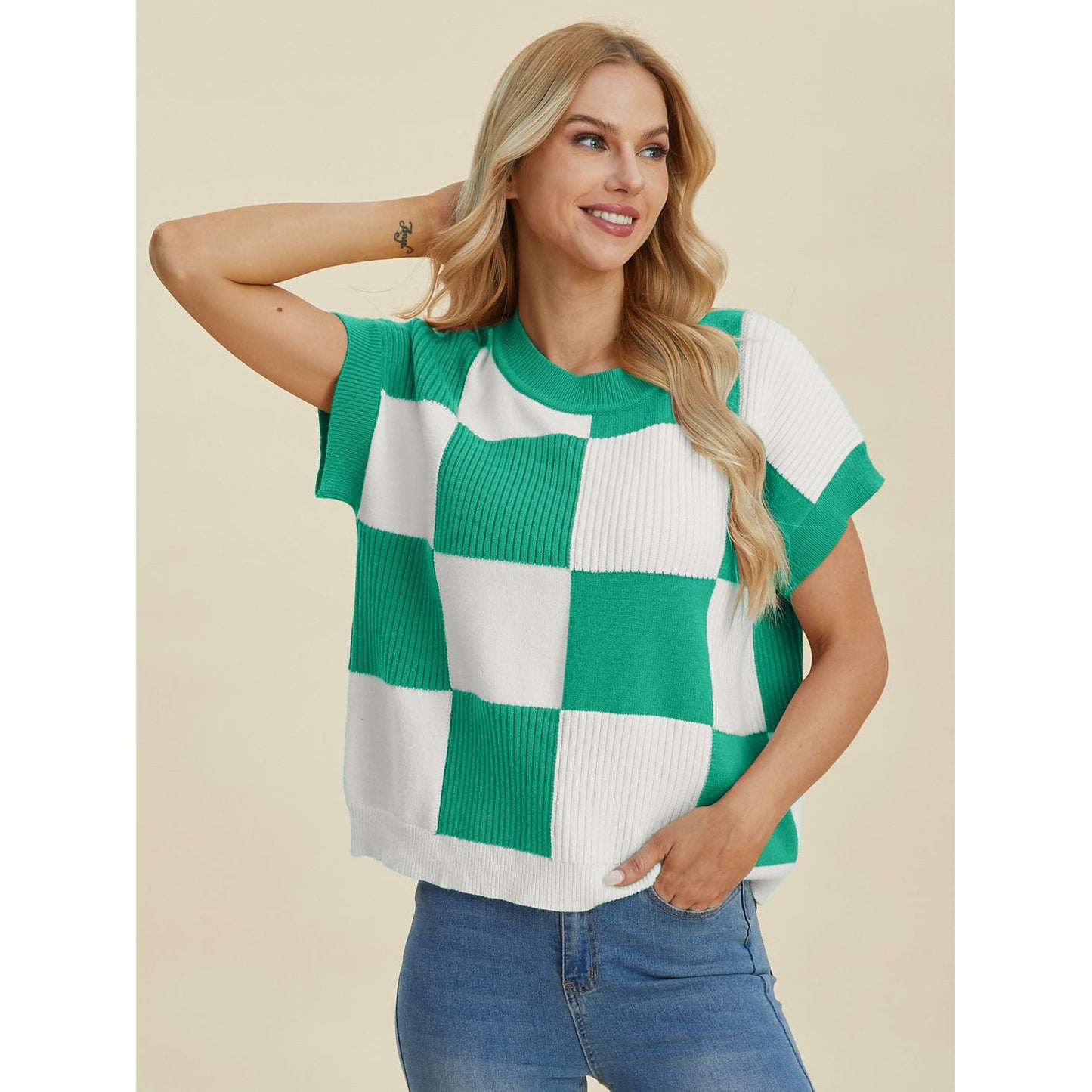 Double Take Full Size Checkered Round Neck Short Sleeve Sweater