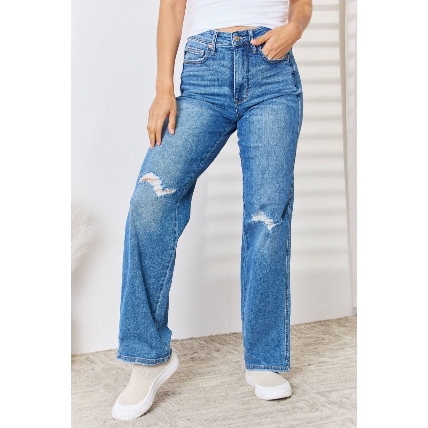 Judy Blue Full Size High Waist Distressed Straight-Leg Jeans