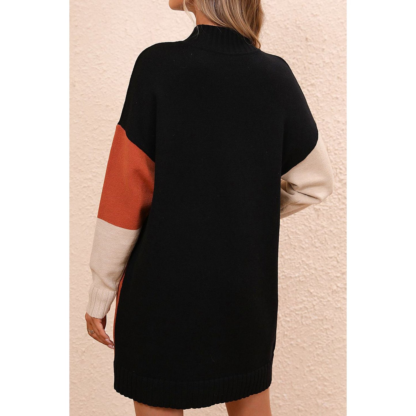 Color Block Mock Neck Dropped Shoulder Sweater Dress