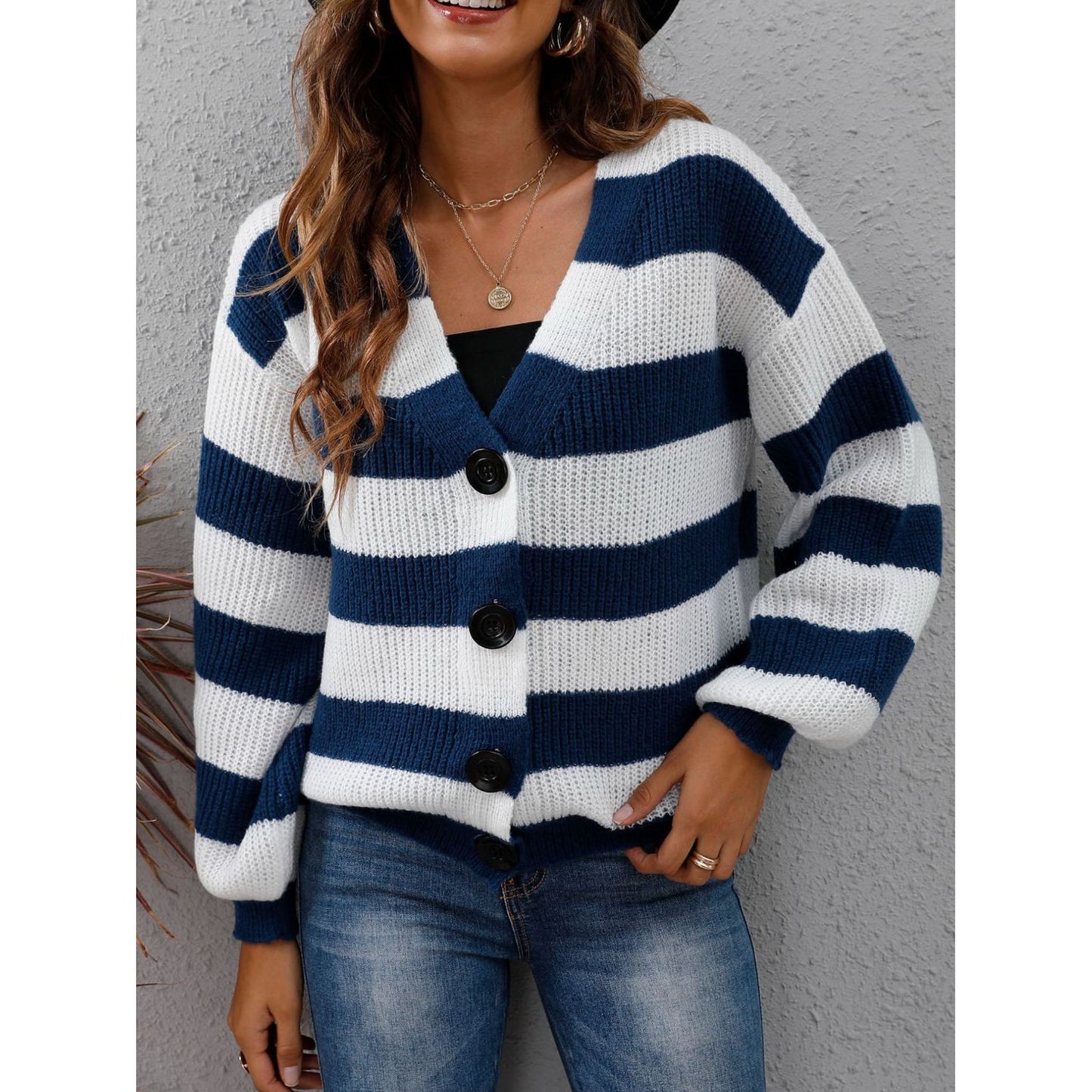 Striped Button Up Long Sleeve Sweater