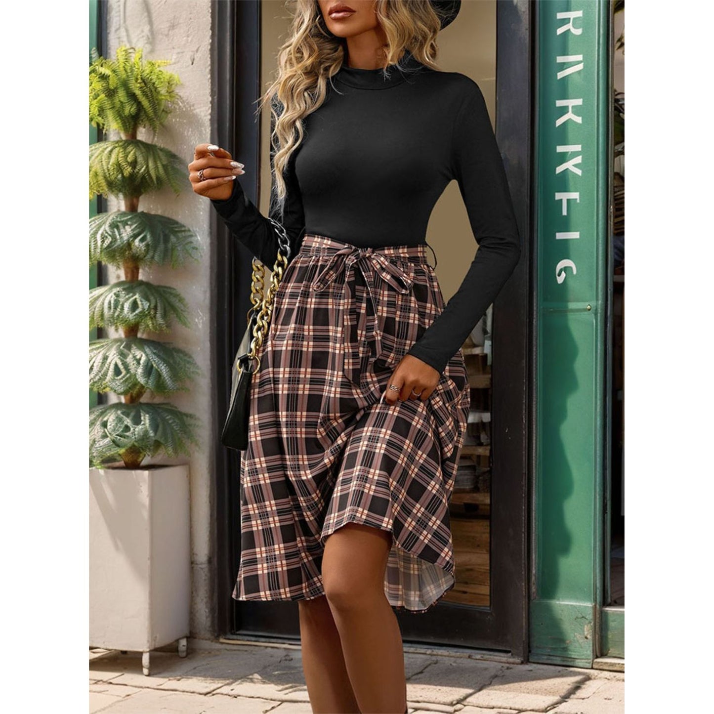 Perfee Plaid Mock Neck Long Sleeve Dress