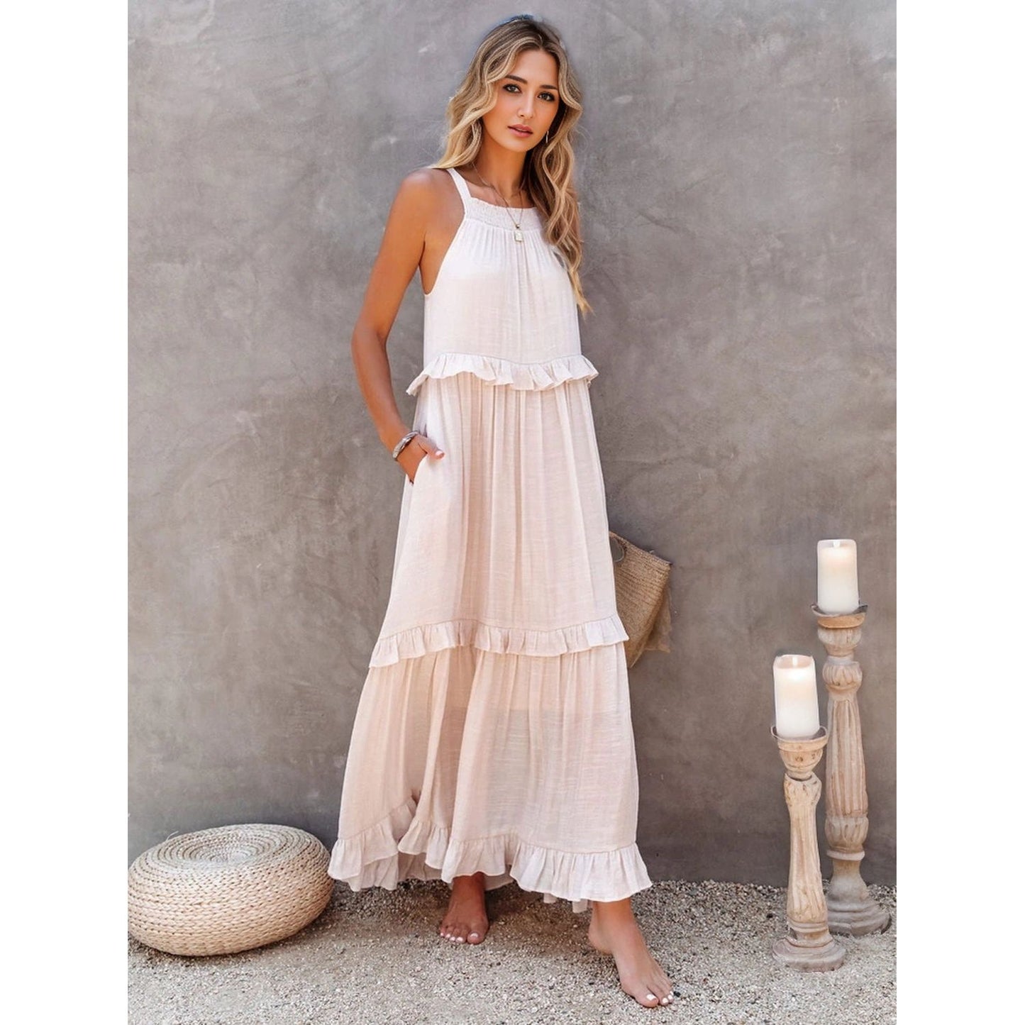 Ruffled Sleeveless Tiered Maxi Dress with Pockets