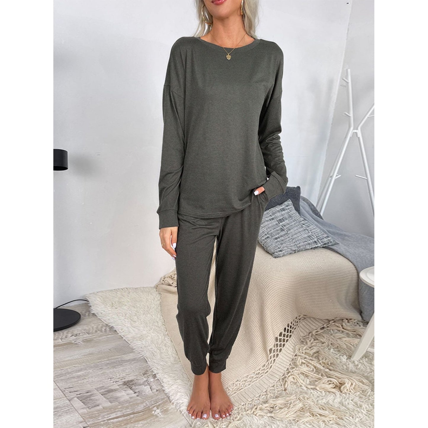 Shiny Round Neck Top and Drawstring Pants Lounge Set