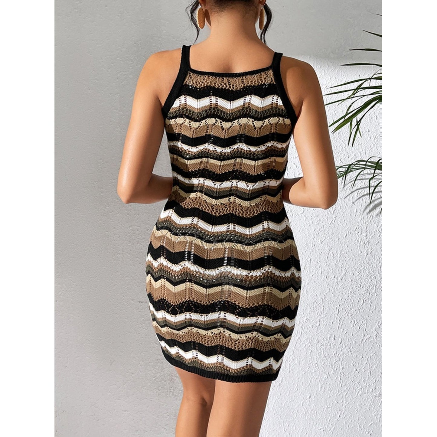 Openwork Striped Spaghetti Strap Knit Dress