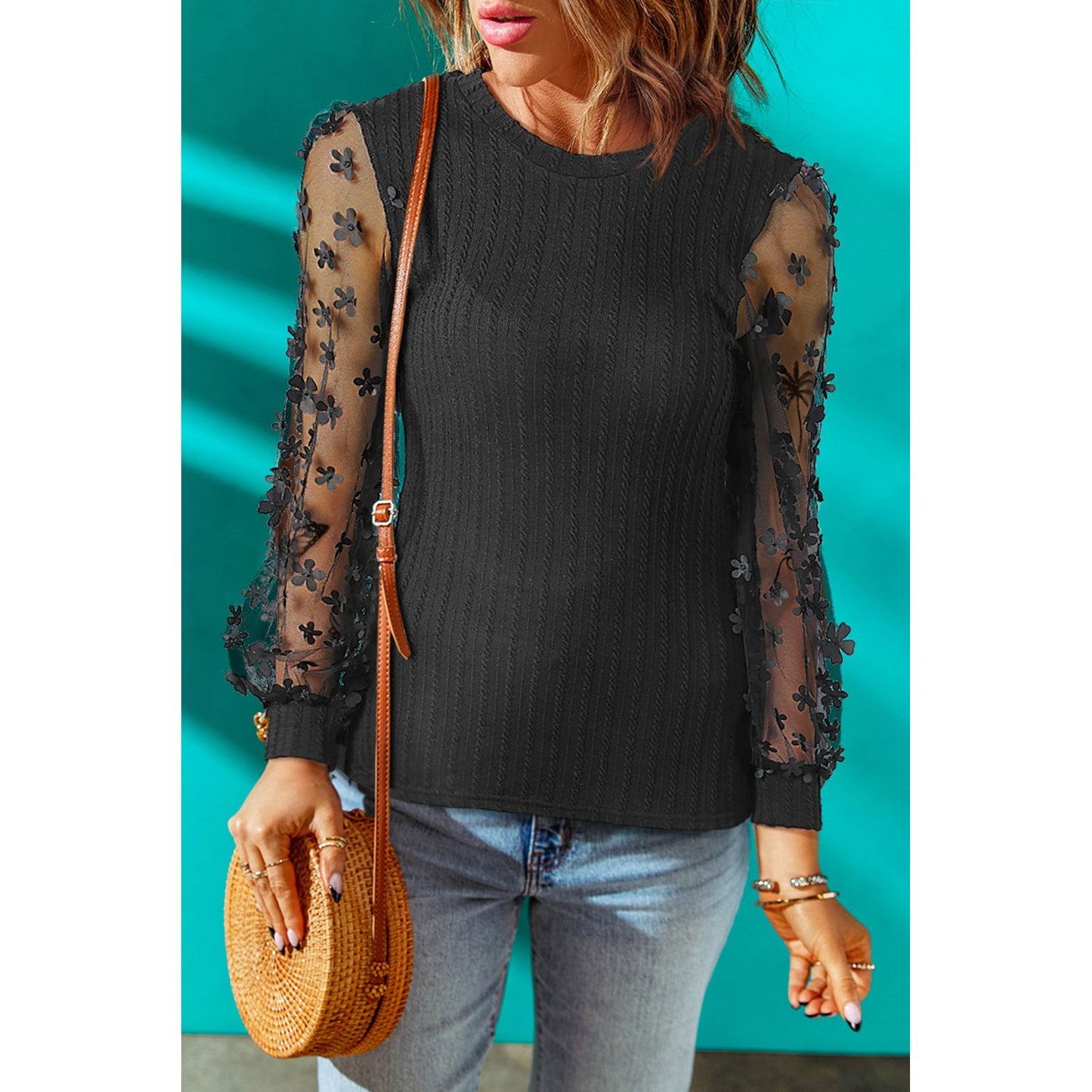 Double Take Textured Applique Long Sleeve Blouse