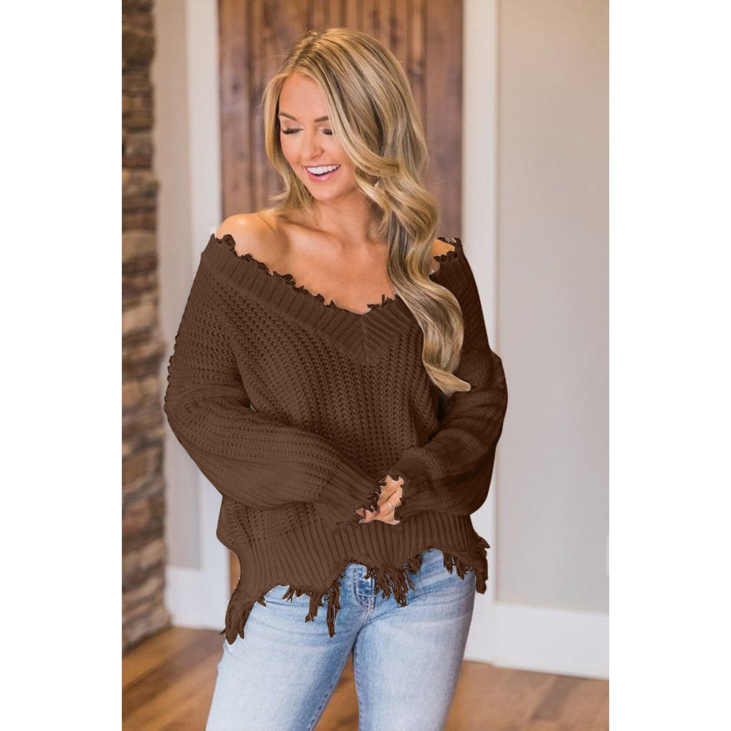 Frayed Hem Dropped Shoulder Sweater