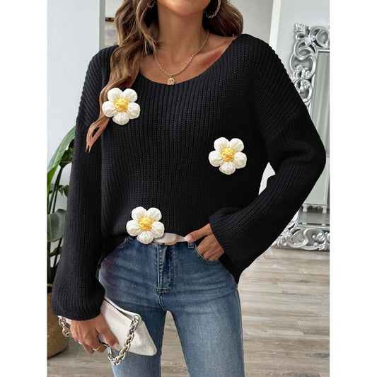 Flower Round Neck Long Sleeve Sweater