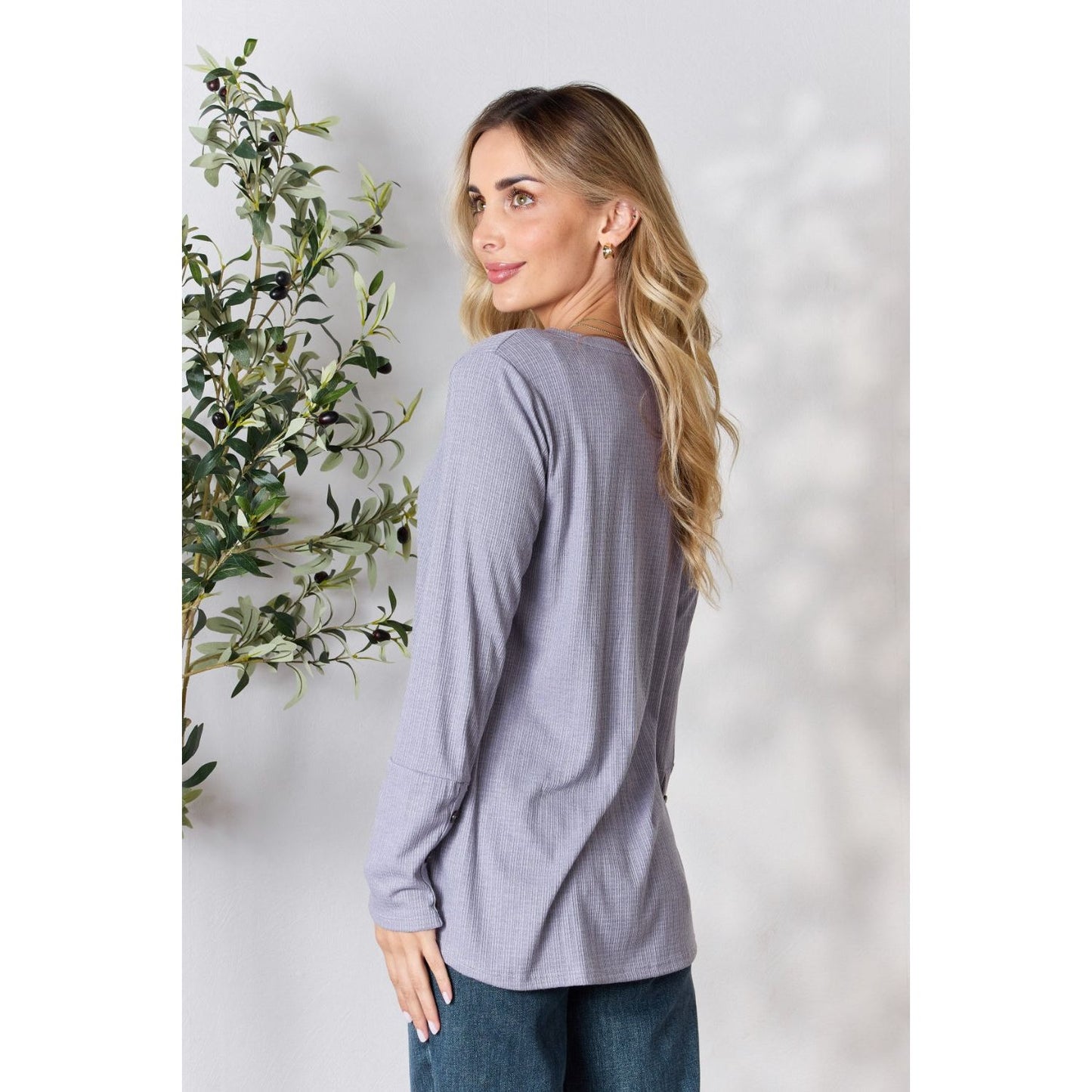 Heimish Full Size Texture Half Button Long Sleeve Top