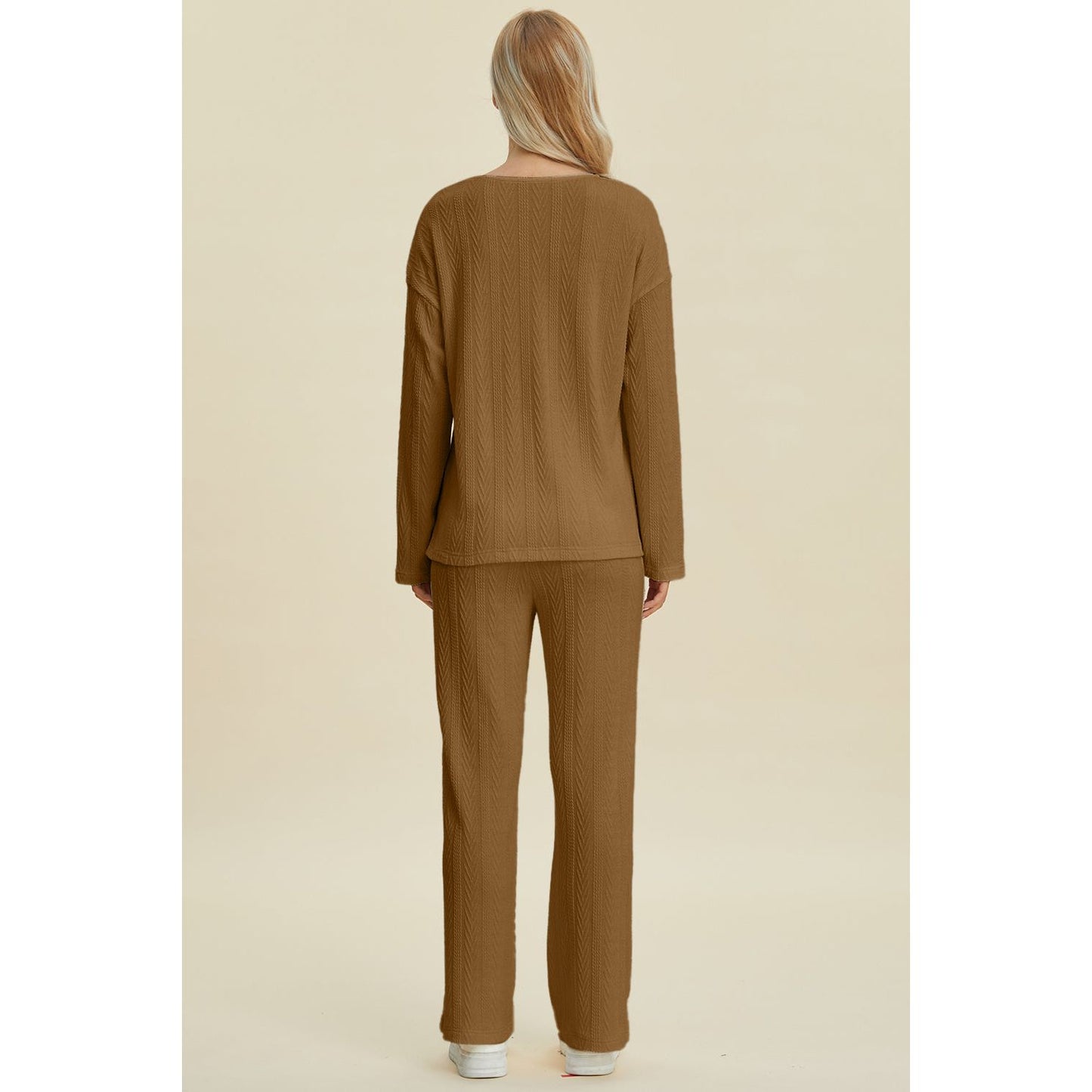 Double Take Full Size Cable-Knit Long Sleeve Top and Pants Set