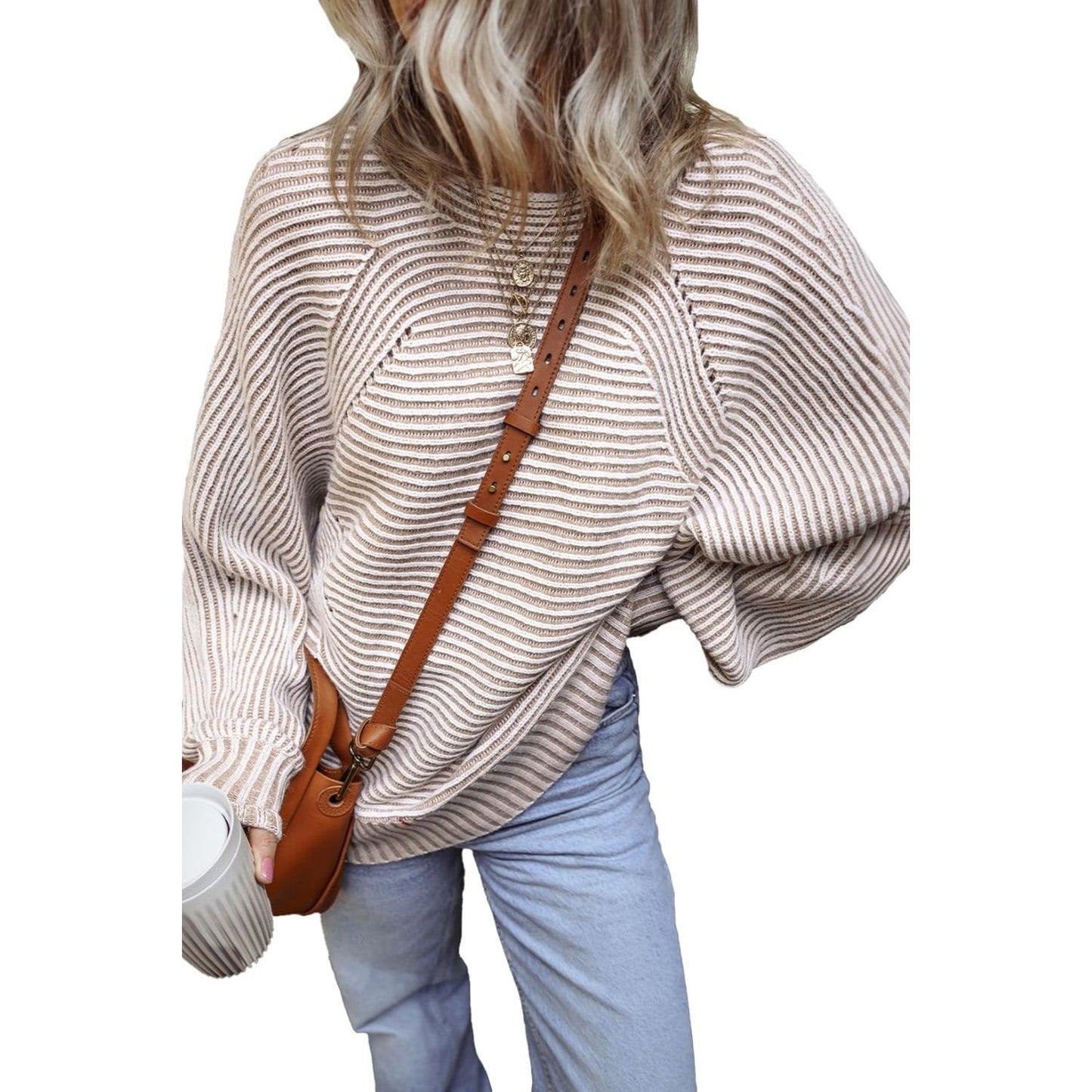 Textured Striped Round Neck Long Sleeve Top