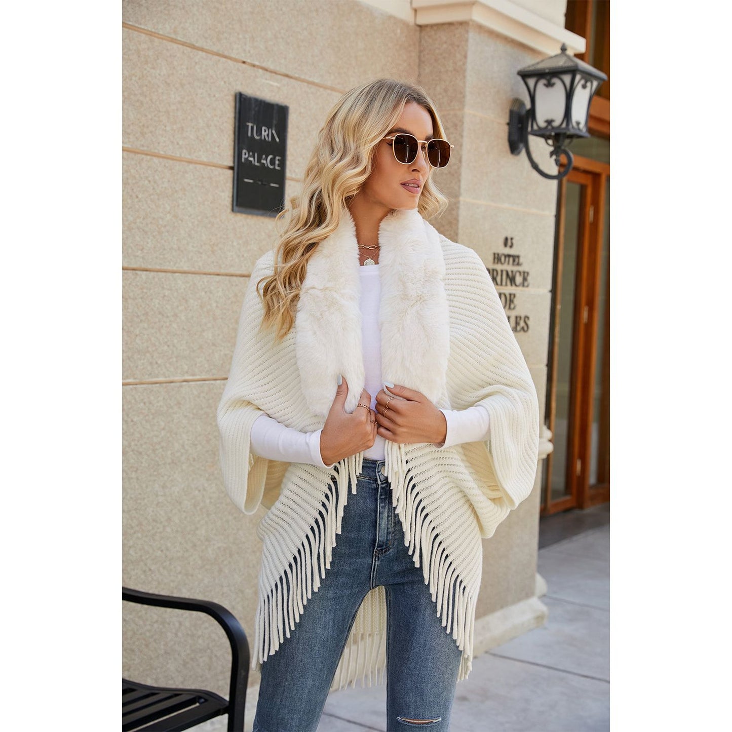 Fringe Detail Long Sleeve Ribbed Poncho