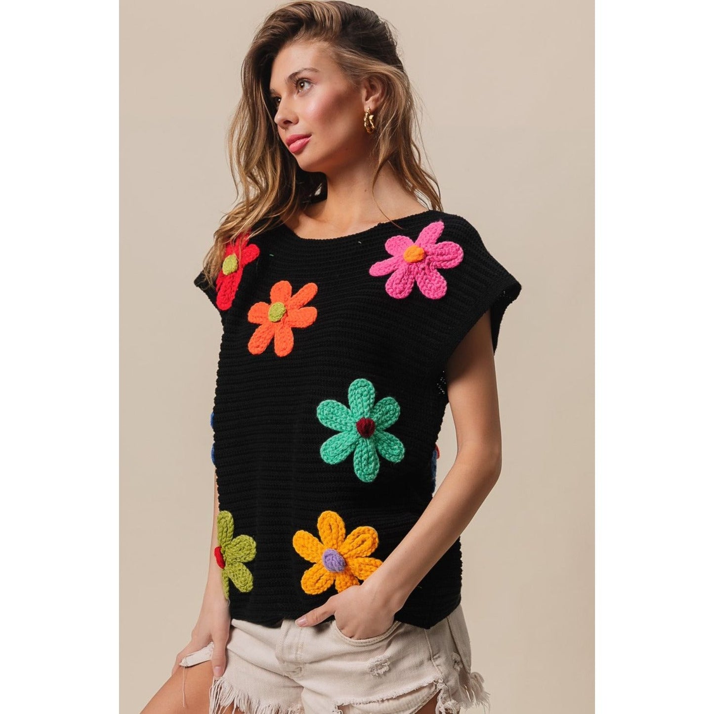 BiBi Flower Round Neck Cap Sleeve Knit Top