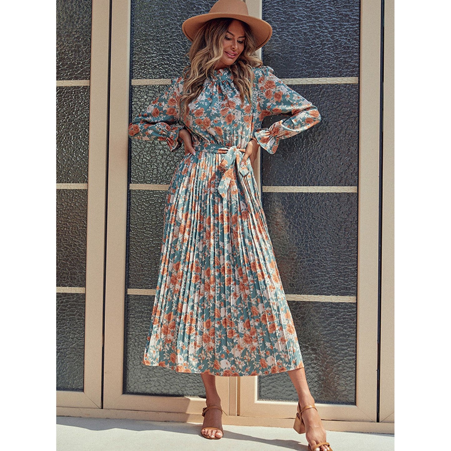 Perfee Tied Pleated Printed Mock Neck Long Sleeve Dress