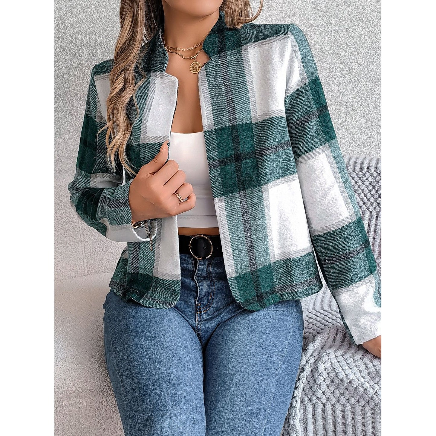 Plaid Open Front Long Sleeve Jacket