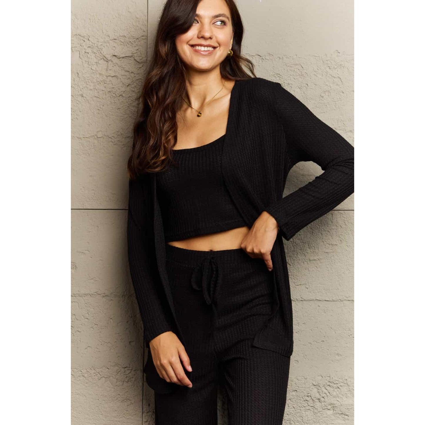 Ninexis Full Size Cropped Top, Long Pants and Cardigan Lounge Set