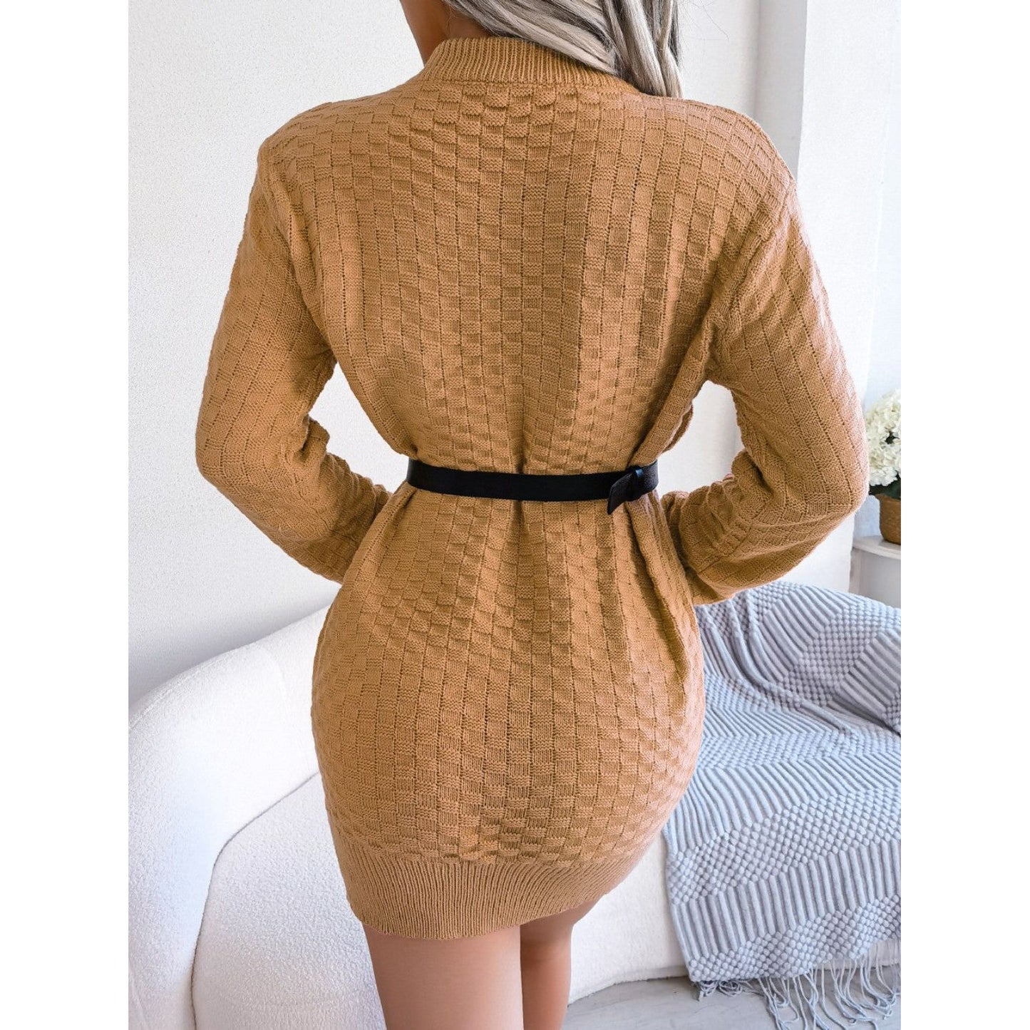 Round Neck Long Sleeve Mini Sweater Dress