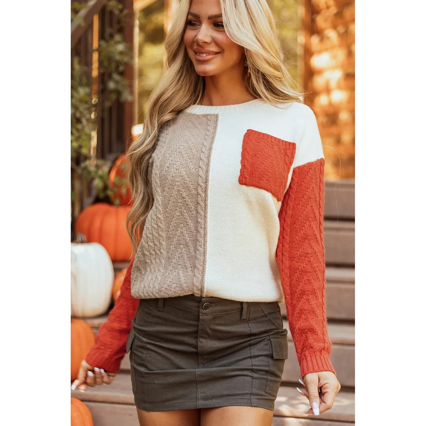 Color Block Round Neck Long Sleeve Sweater