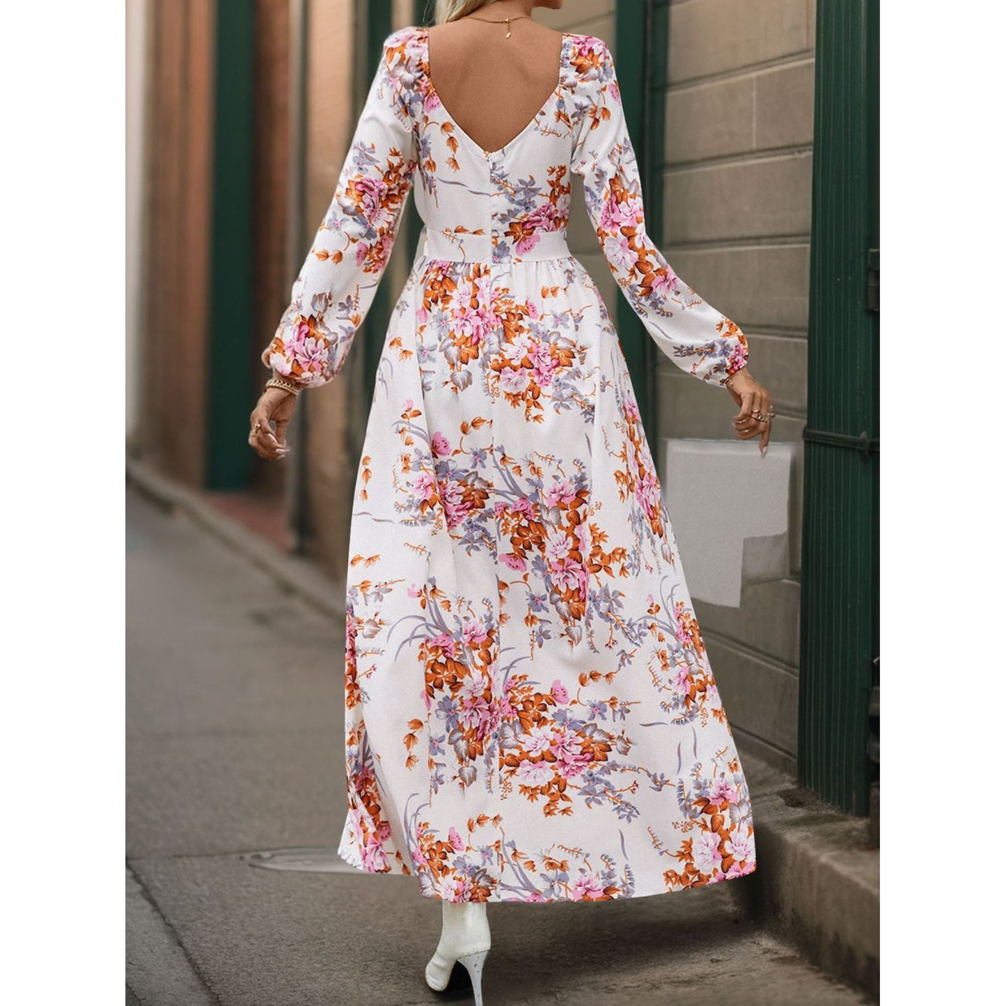 Slit Printed Surplice Long Sleeve Maxi Dress