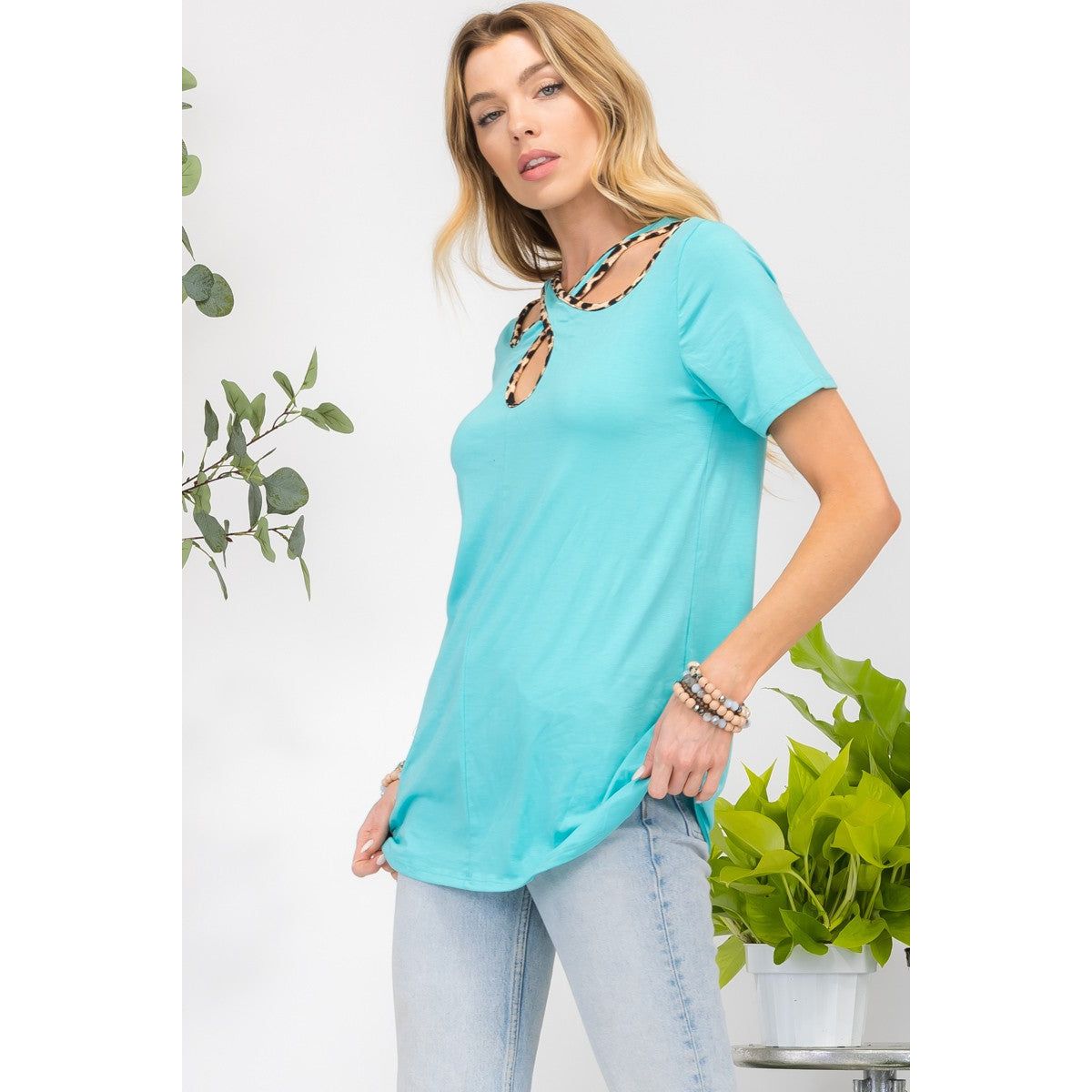 Celeste Full Size Crisscross Cutout Leopard Contrast Trim T-Shirt