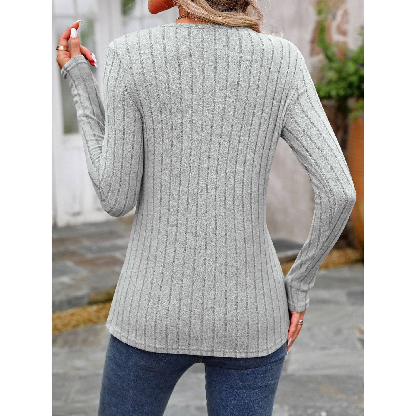 Decorative Button Round Neck Long Sleeve T-Shirt