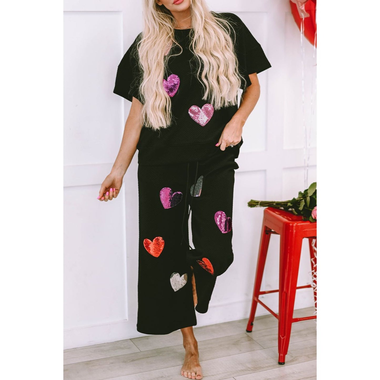 Heart Sequin Short Sleeve Top and Drawstring Pants Lounge Set