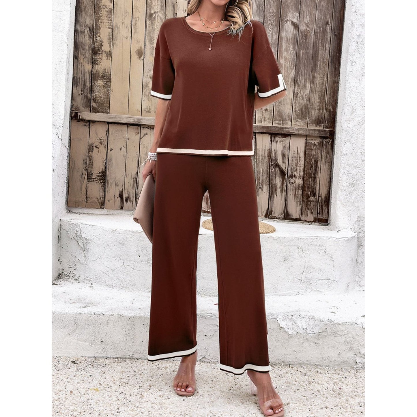 Contrast Trim Round Neck Top and Pants Set