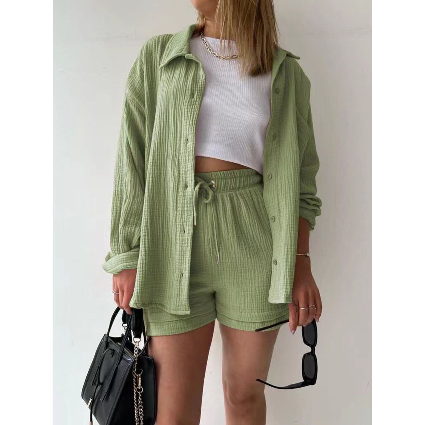 Texture Button Up Shirt and Drawstring Shorts Set