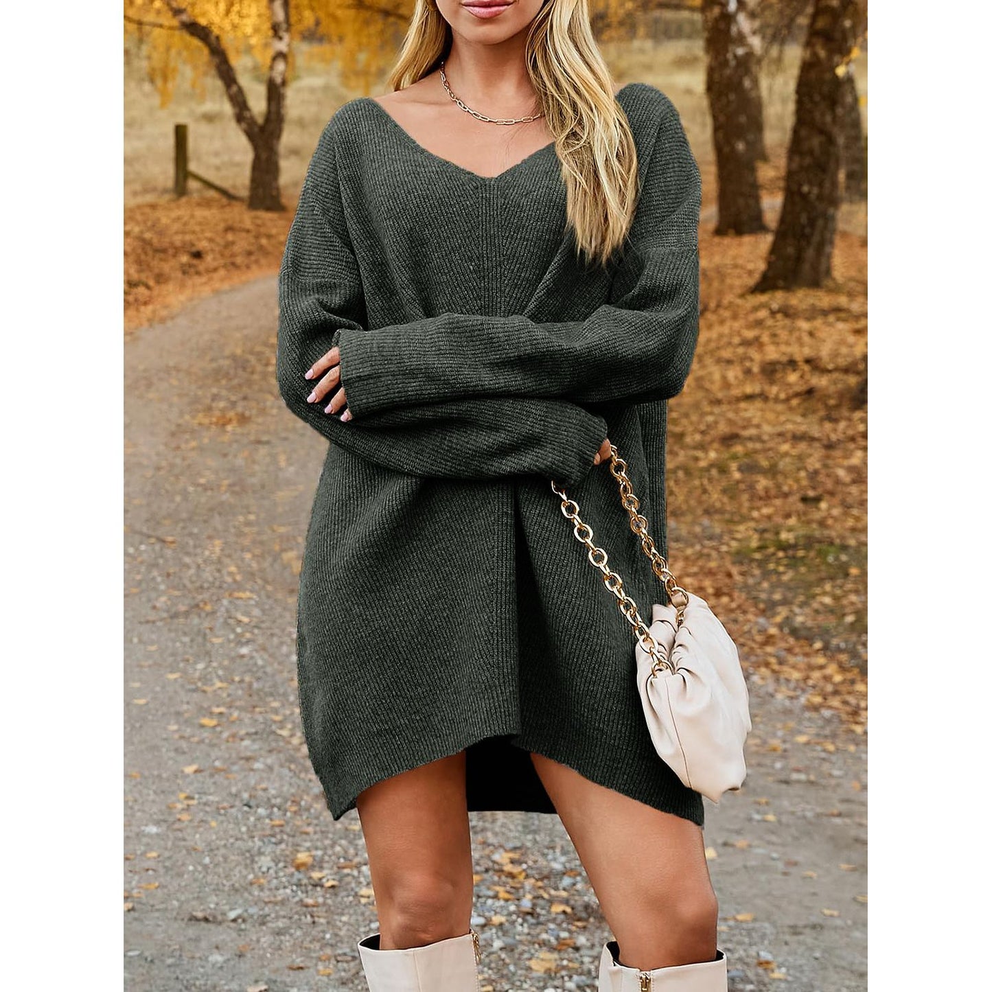 V-Neck Dropped Shoulder Sweater Dress