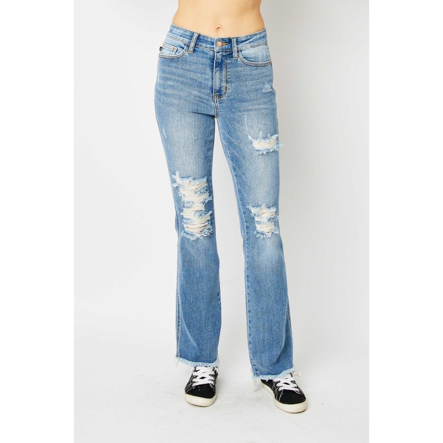 Judy Blue Full Size Distressed Raw Hem Bootcut Jeans