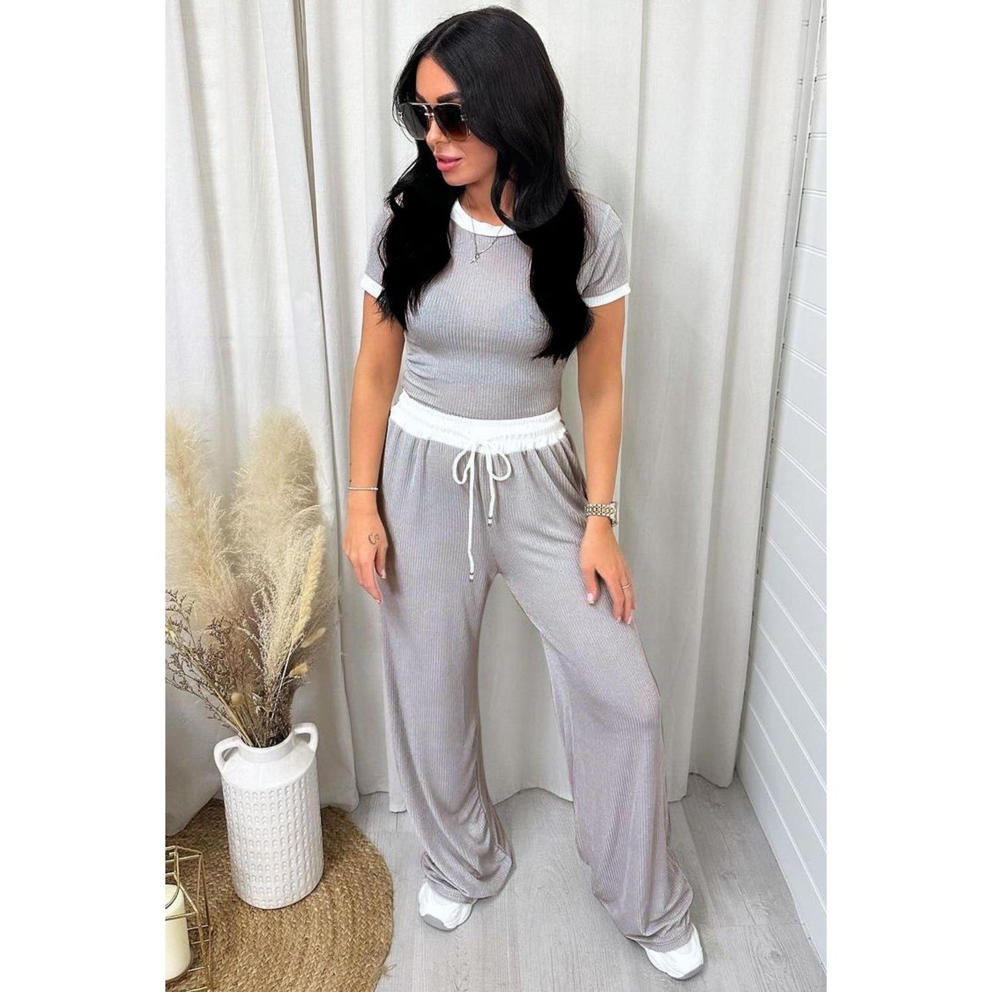 Contrast Trim Round Neck Top and Pants Set