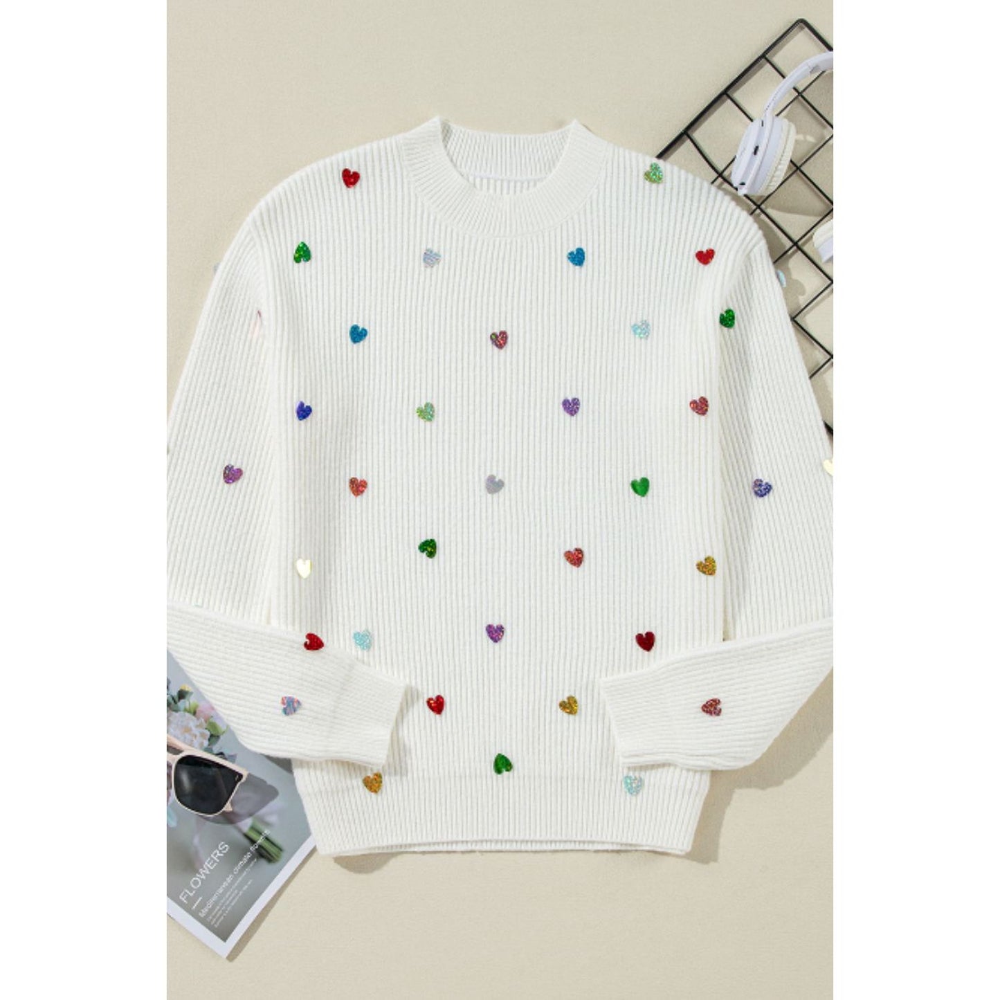 Heart Sequin Round Neck Long Sleeve Sweater