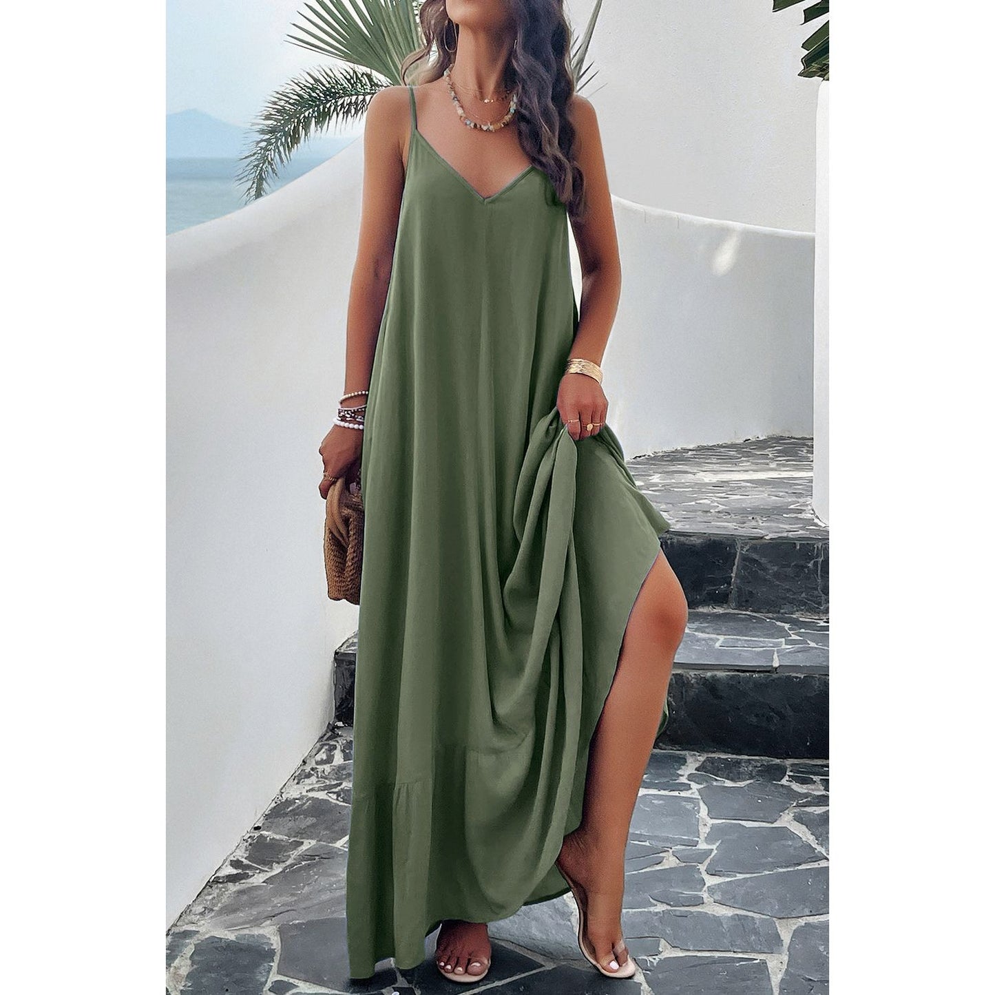 Backless Maxi Cami Dress with Pockets