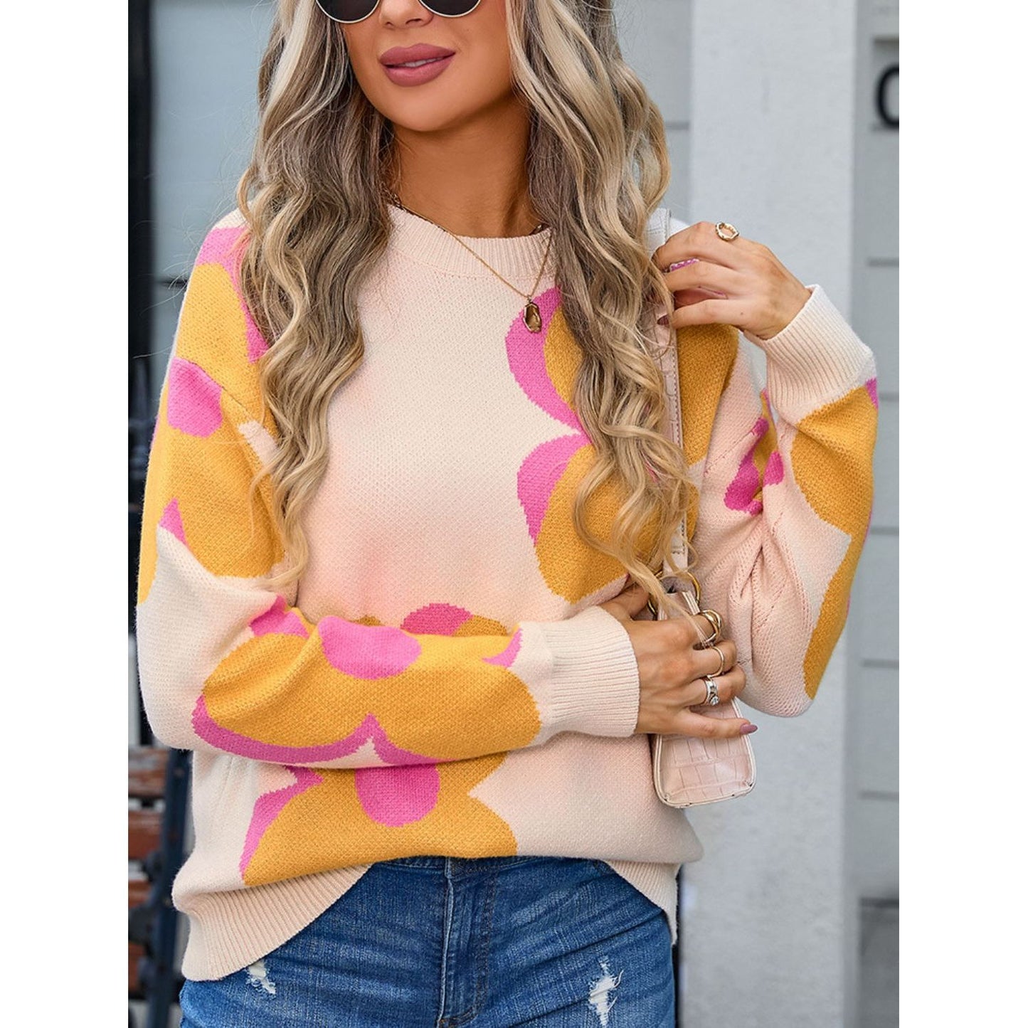 Angel Wings Flower Round Neck Long Sleeve Sweater