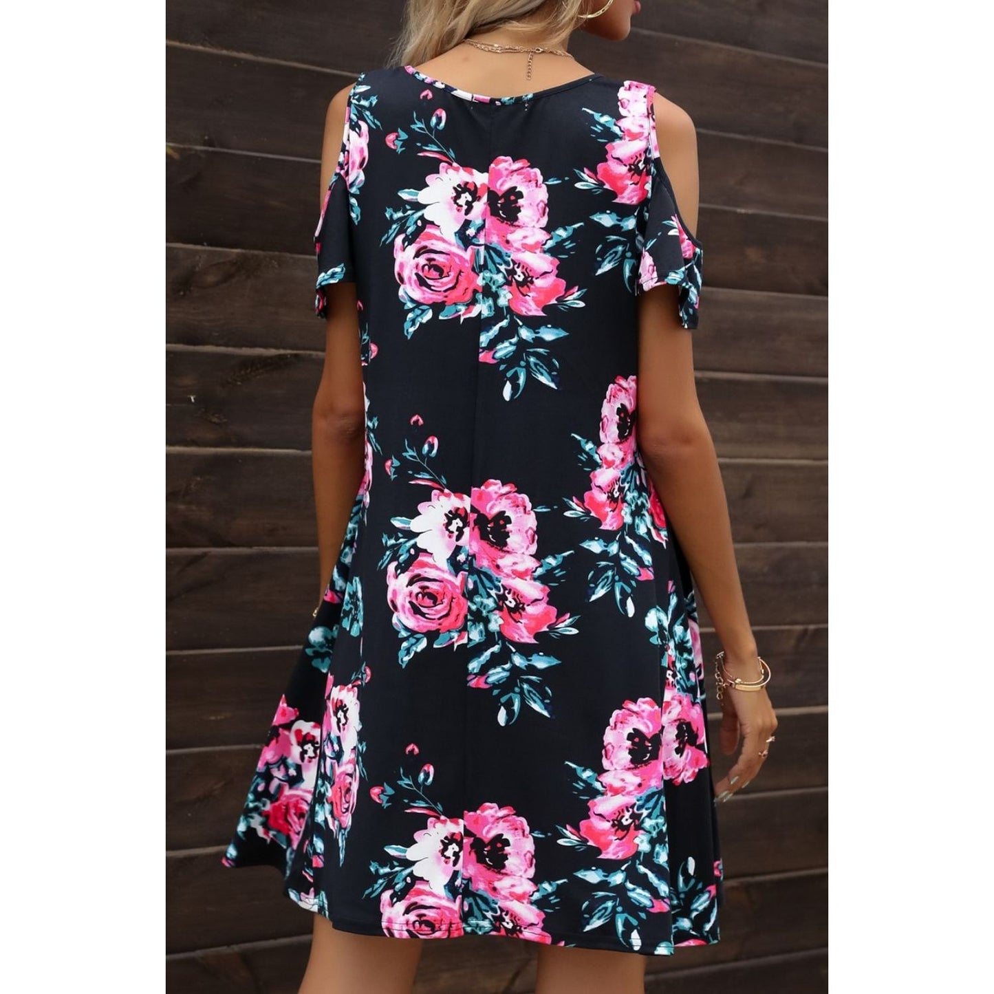 Floral Round Neck Cold-Shoulder Dress