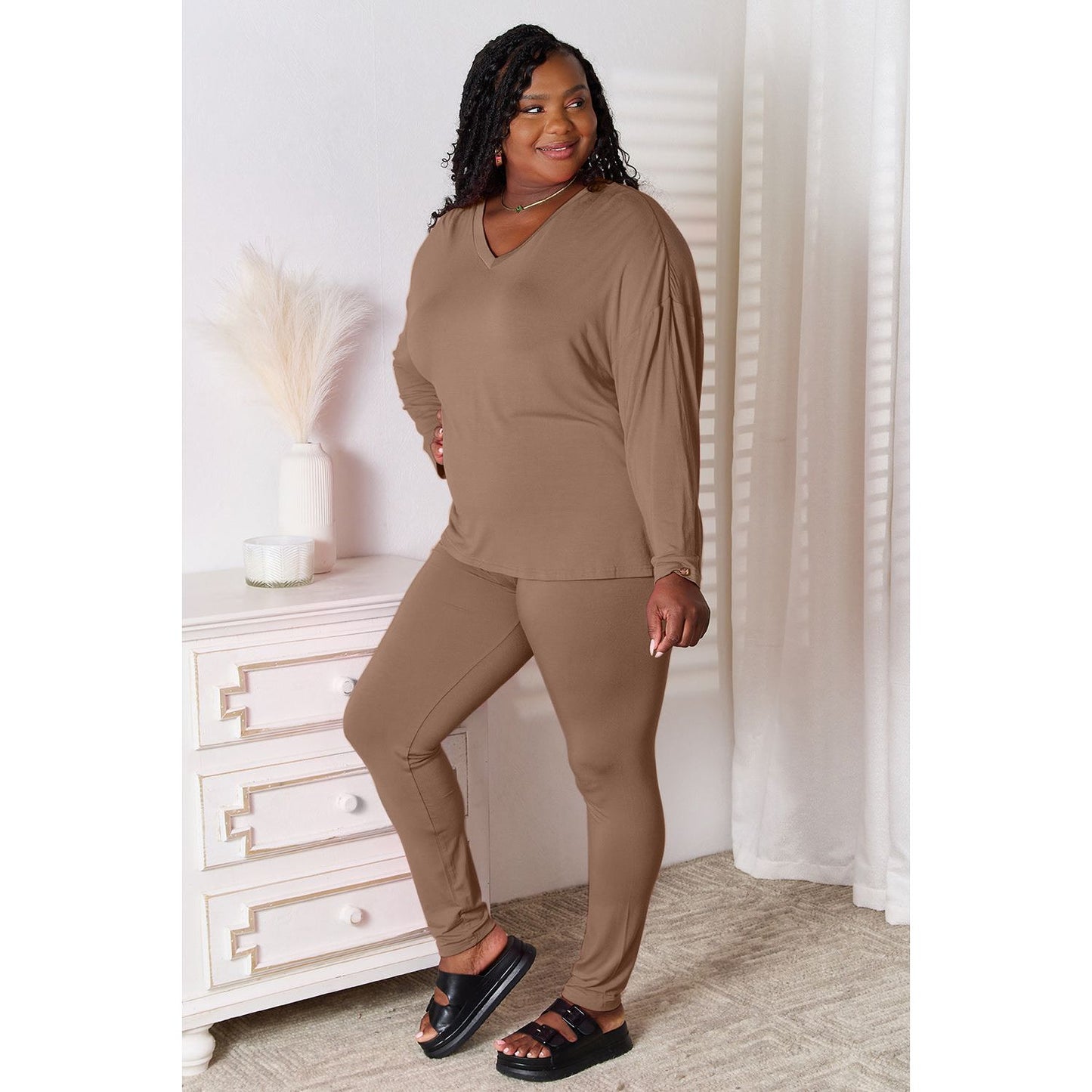 Basic Bae Full Size V-Neck Soft Rayon Long Sleeve Top and Pants Lounge Set