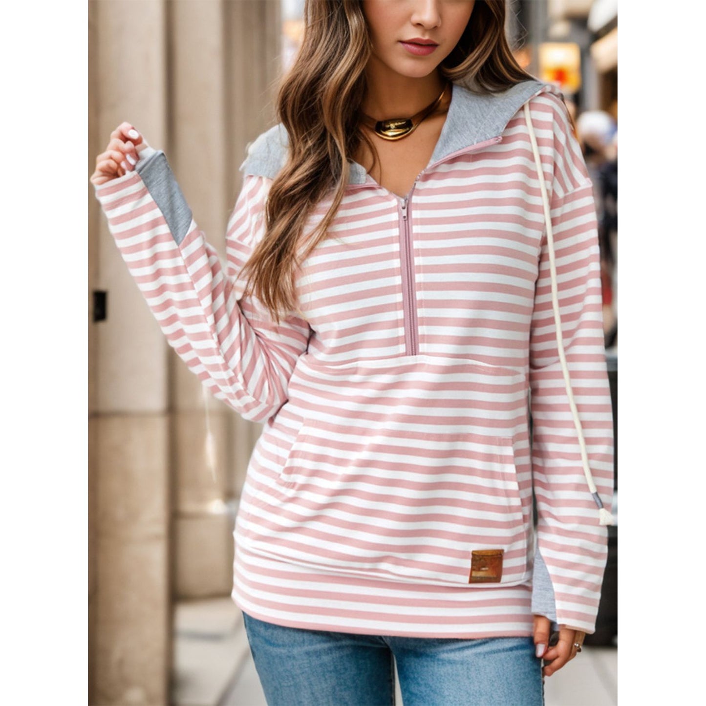 Striped Drawstring Half Zip Hoodie