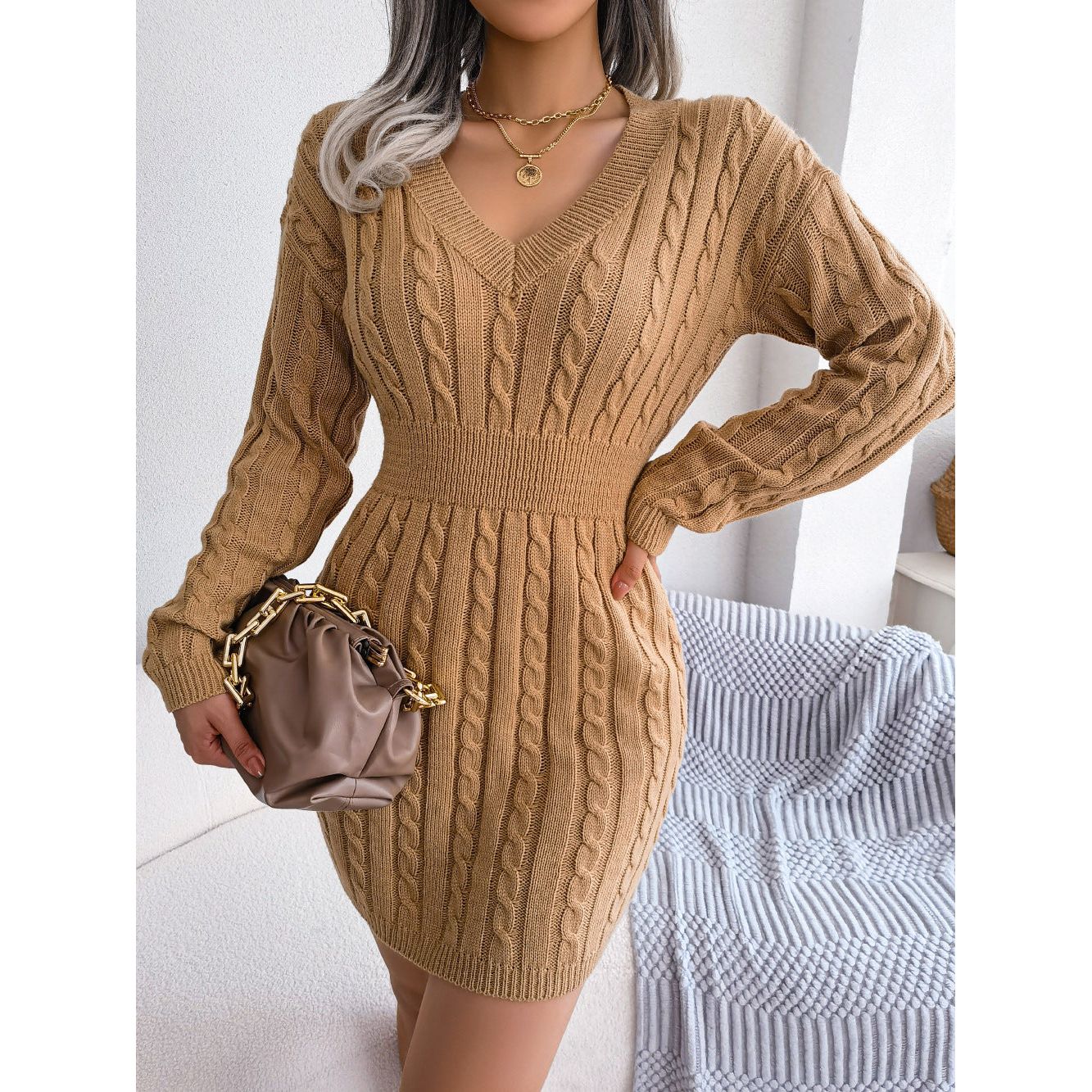 Cable-Knit V-Neck Mini Sweater Dress