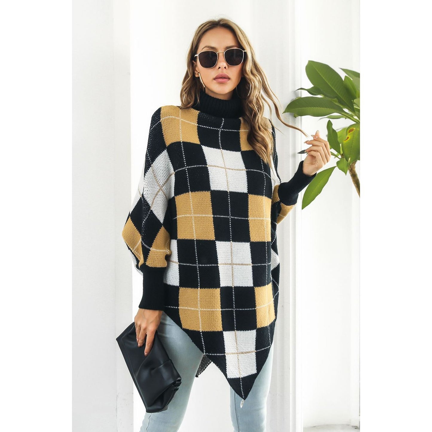 Plaid Turtleneck Dolman Sleeve Poncho