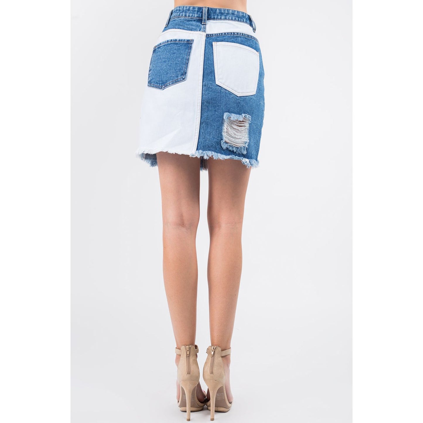 American Bazi Contrast Patched Frayed Denim Distressed Skirts