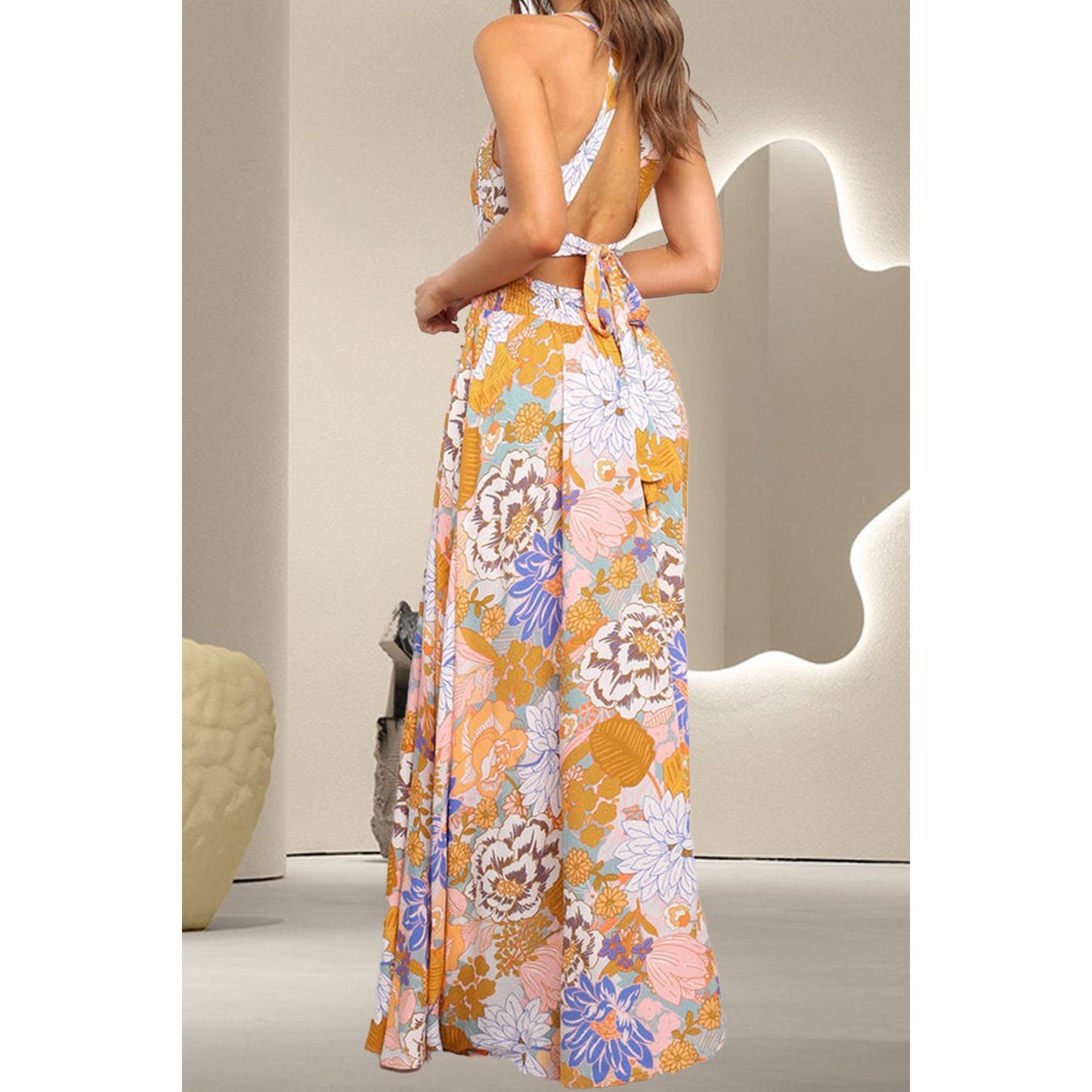 Tied Printed Grecian Sleeveless Maxi Dress