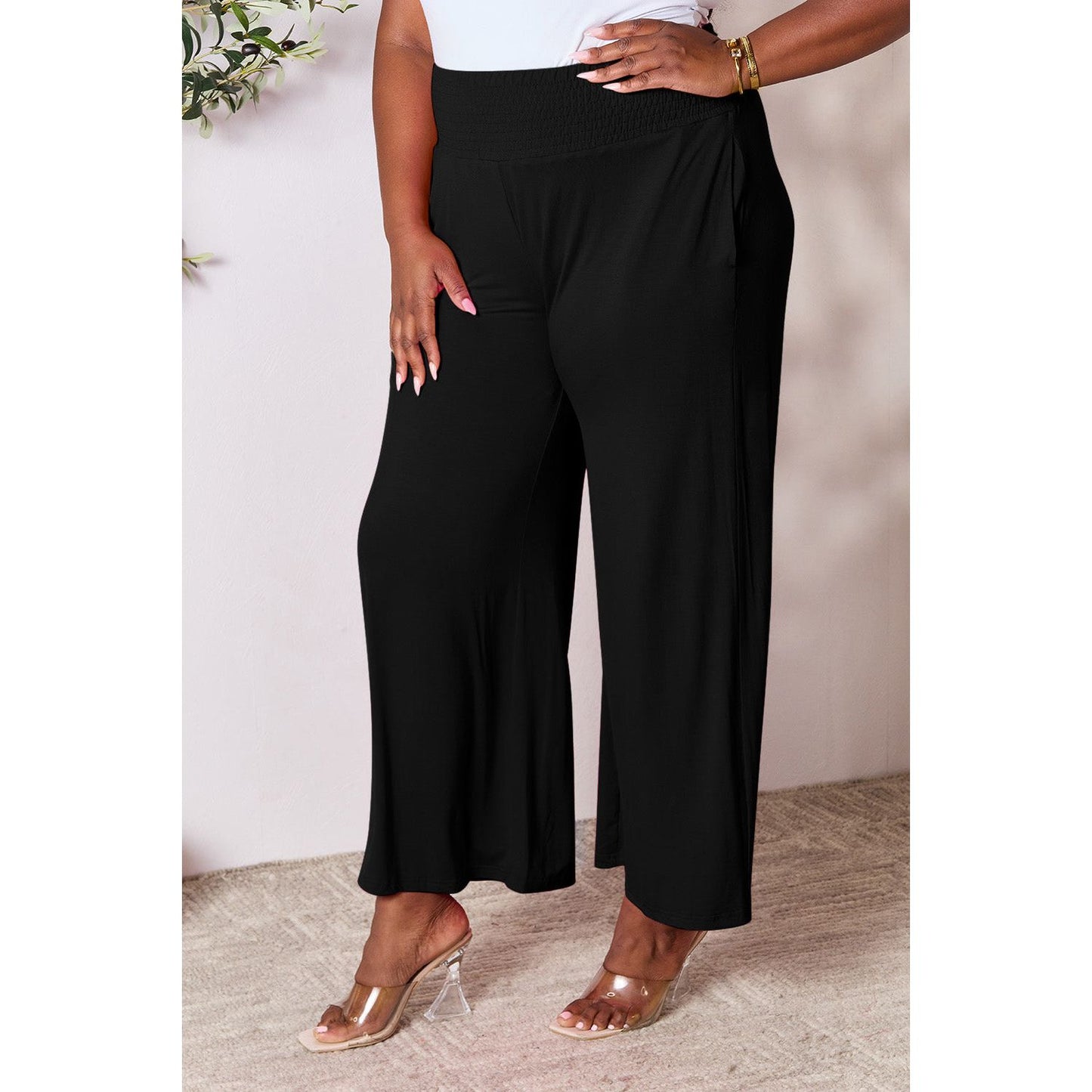 Double Take Full Size Smocked Wide Waistband Wide Leg Pants