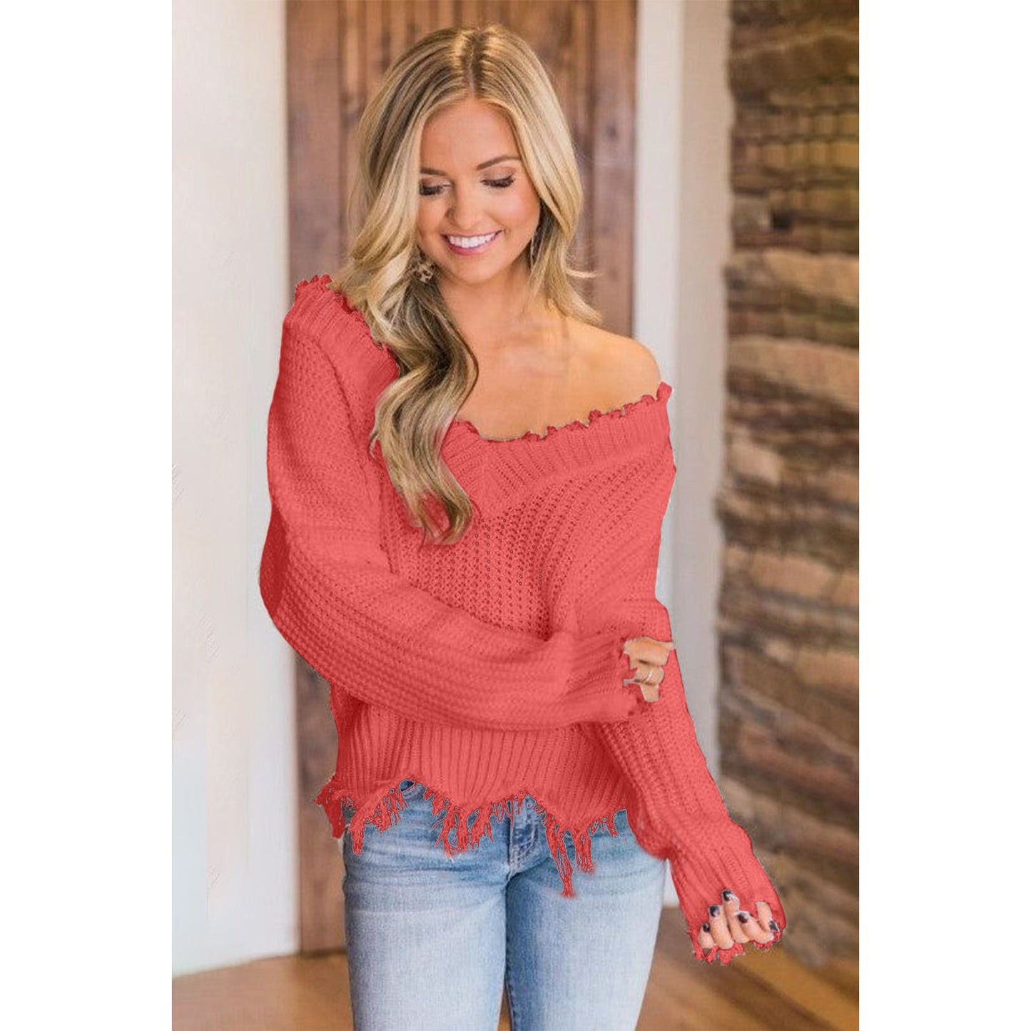 Frayed Hem Dropped Shoulder Sweater