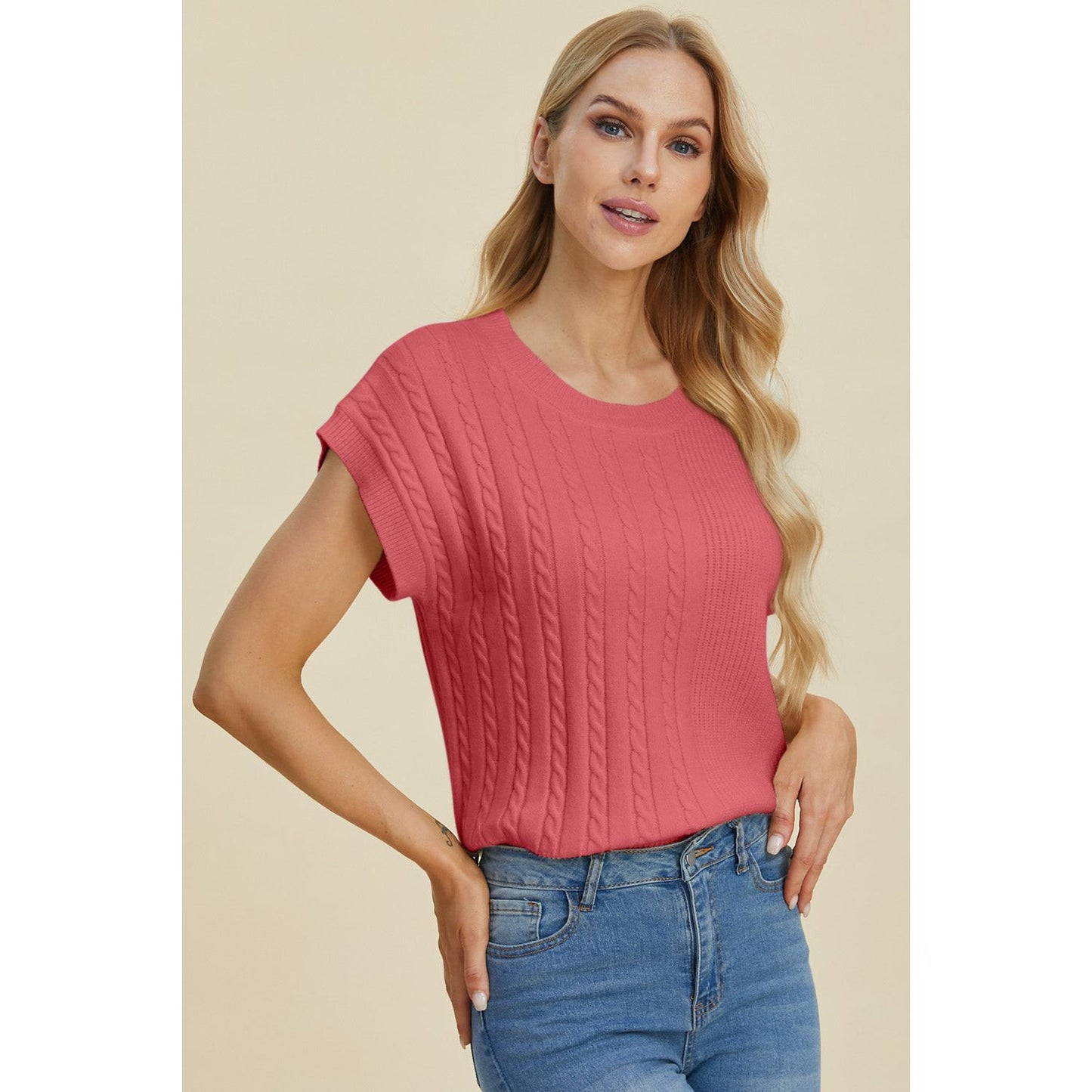 Double Take Full Size Cable-Knit Round Neck Short Sleeve Sweater