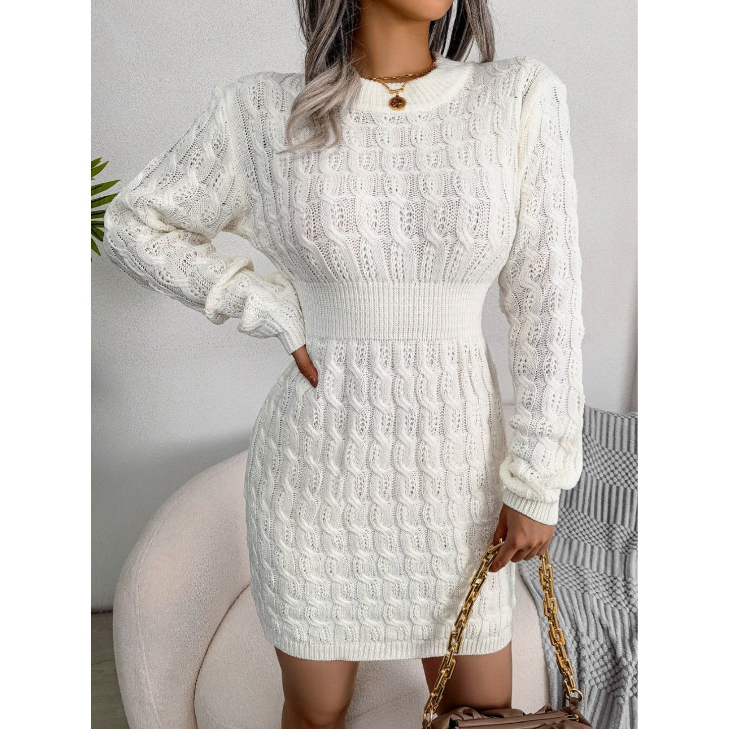 Cable-Knit Round Neck Mini Wrap Sweater Dress