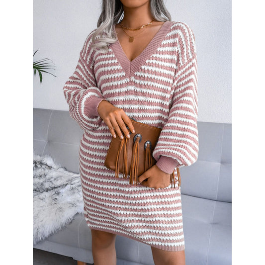 Striped V-Neck Long Sleeve Mini Sweater Dress