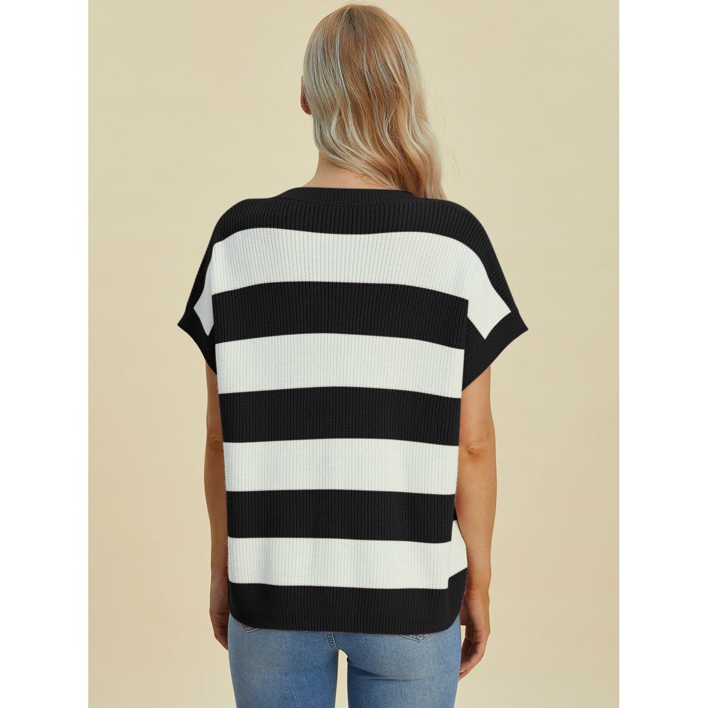 Double Take Full Size Striped V-Neck Short Sleeve Sweater