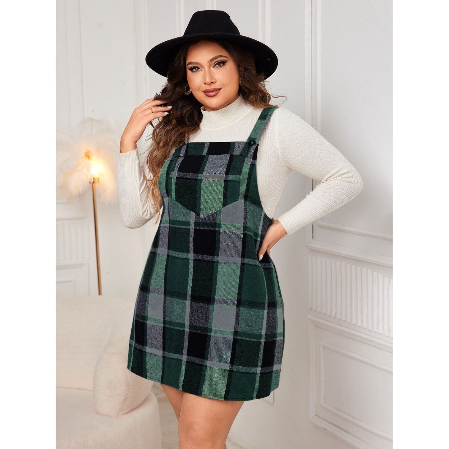 Honey Plus Size Plaid Wide Strap Overall Dress