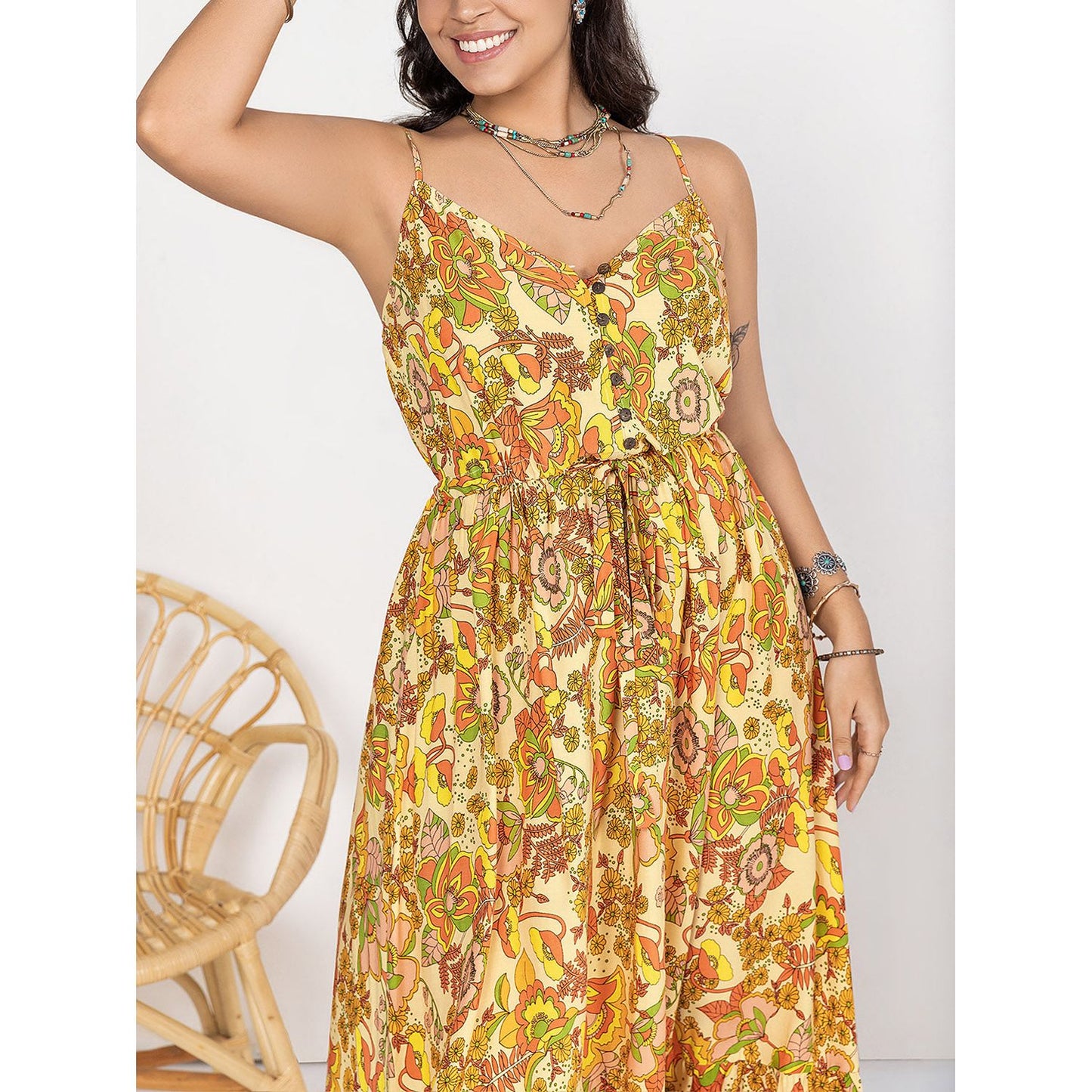 Plus Size Printed V-Neck Maxi Cami Dress