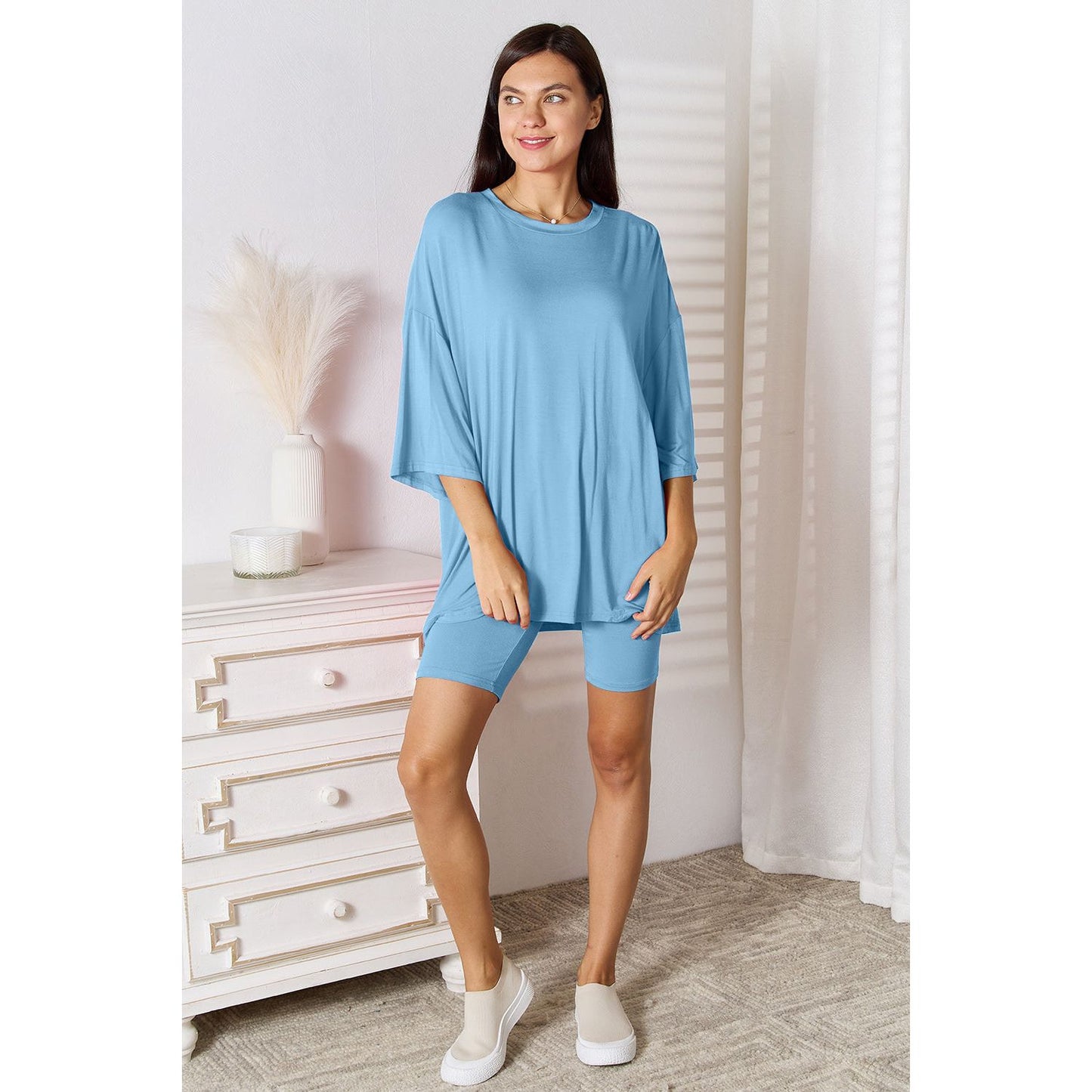 Basic Bae Bamboo Full Size Round Neck Drop Shoulder T-Shirt and Shorts Set